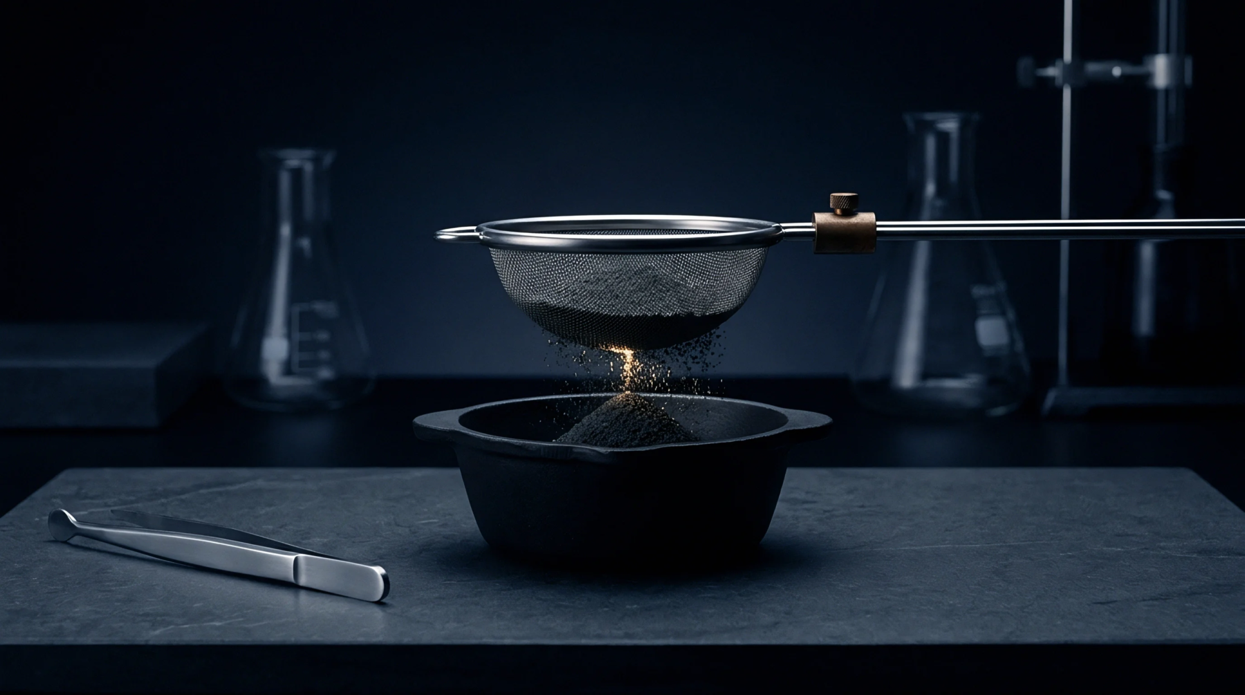 A digital render shows fine carbon powder sifting through a metal sieve into a black crucible on a dark stone workspace.
