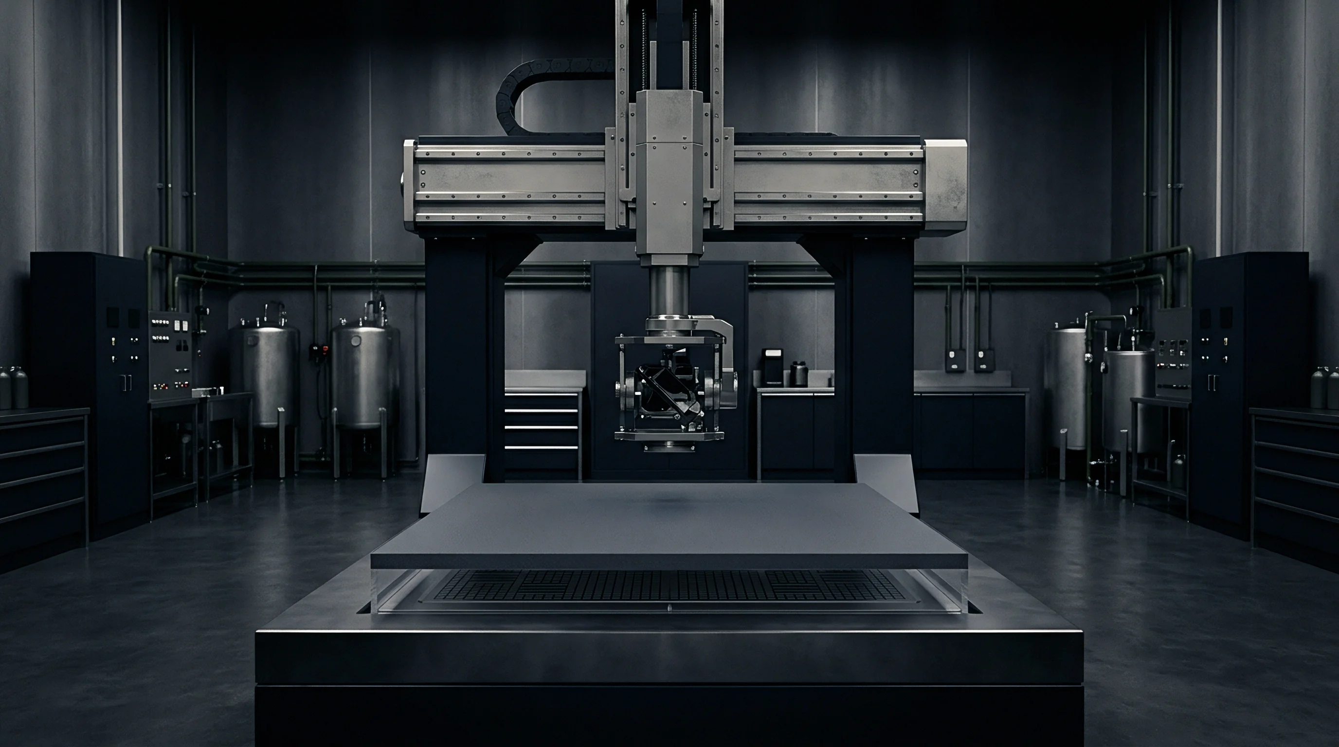 This digital render presents an industrial manufacturing gantry positioned inside a dark metallic facility equipped with processing tanks and control units.
