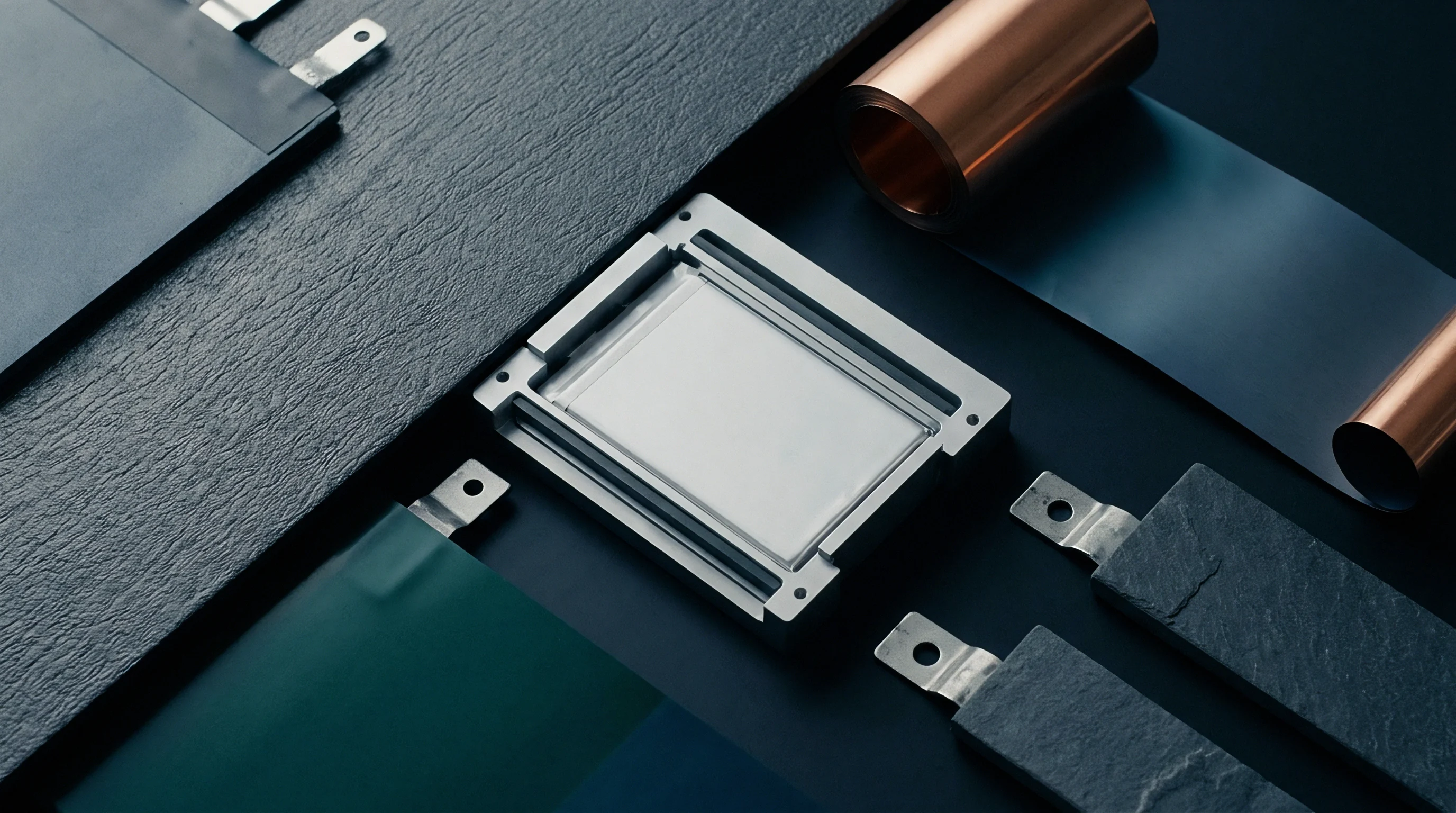 Rectangular cell housing components and rolls of copper current collector foil sit arranged on a dark textured composite surface.