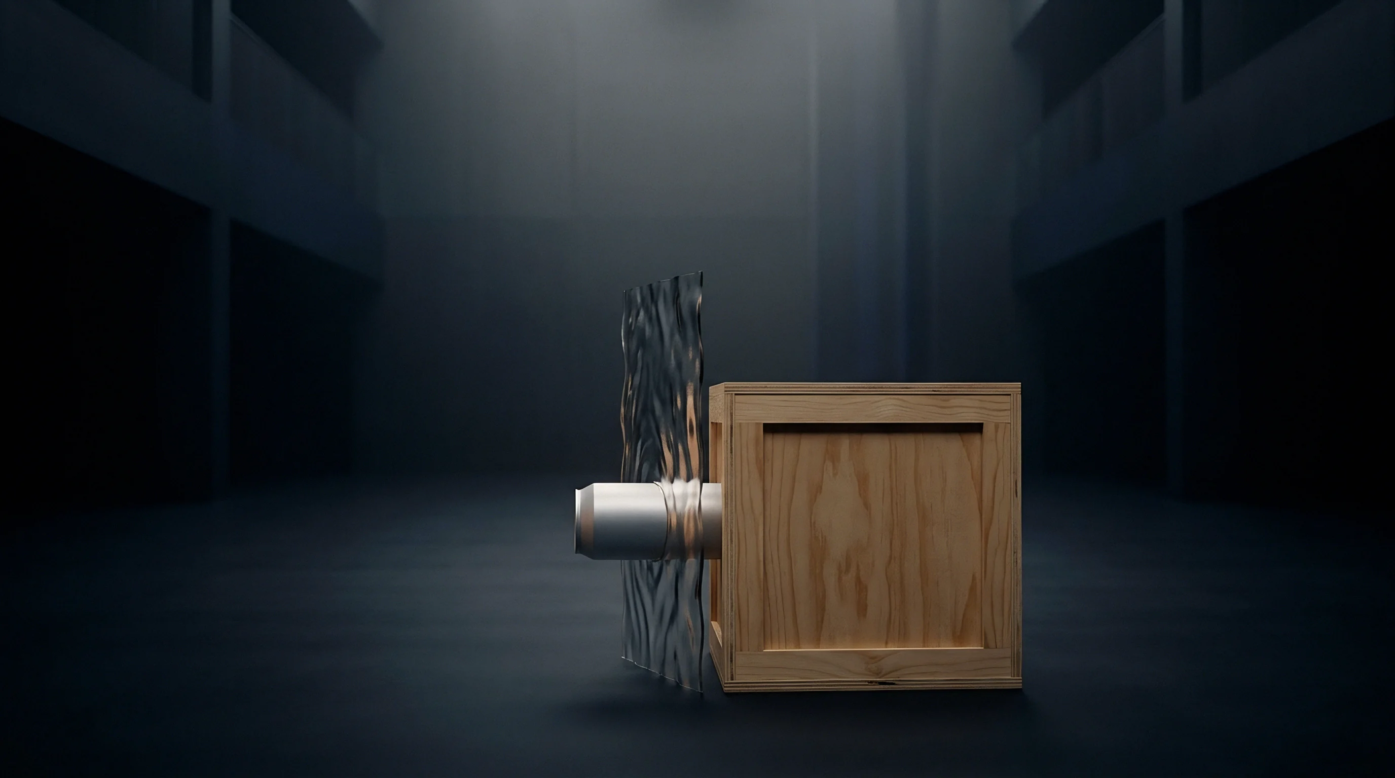 A metallic component with a textured surface and a cylindrical part protrudes through a wooden crate in a dark industrial space.