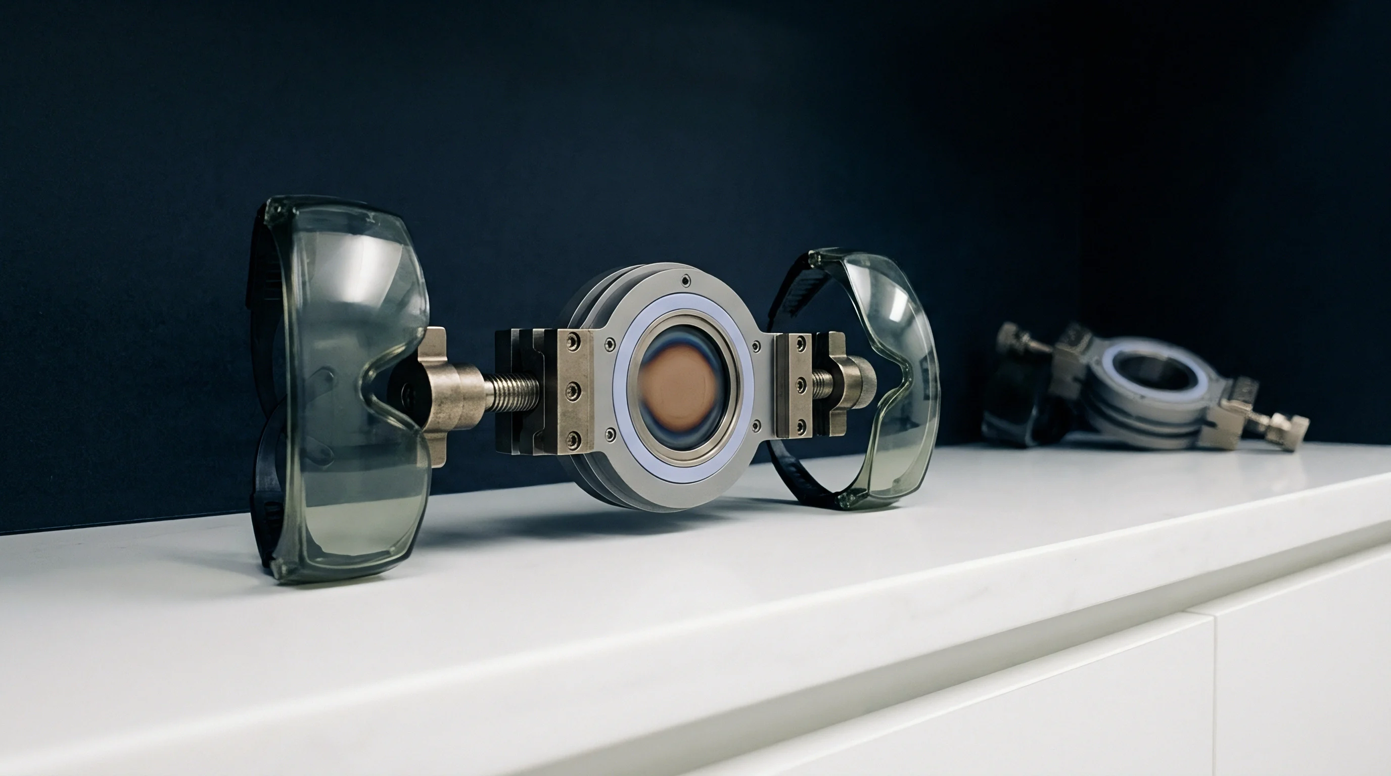 This focused scientific apparatus features a circular vacuum chamber with layered metallic components and attached protective goggles on a white surface against a dark backdrop.