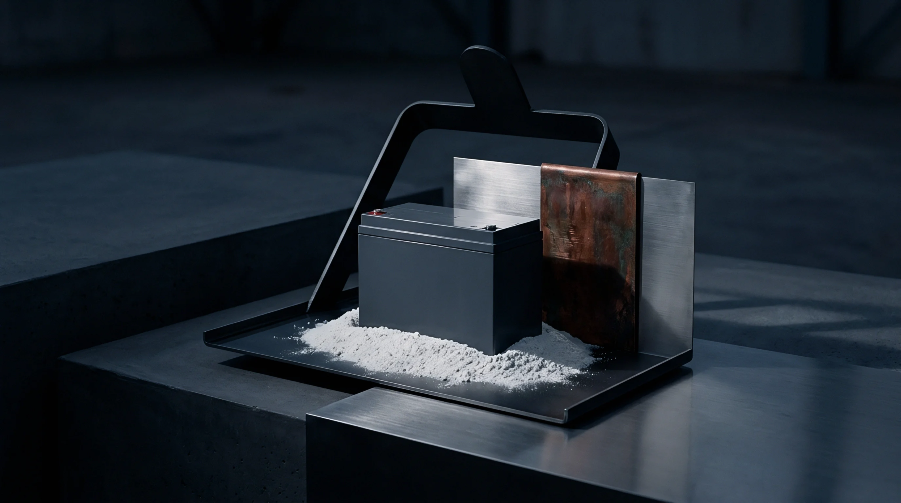 A prismatic battery cell rests atop white chemical powder alongside a weathered copper sheet on an industrial metal platform.