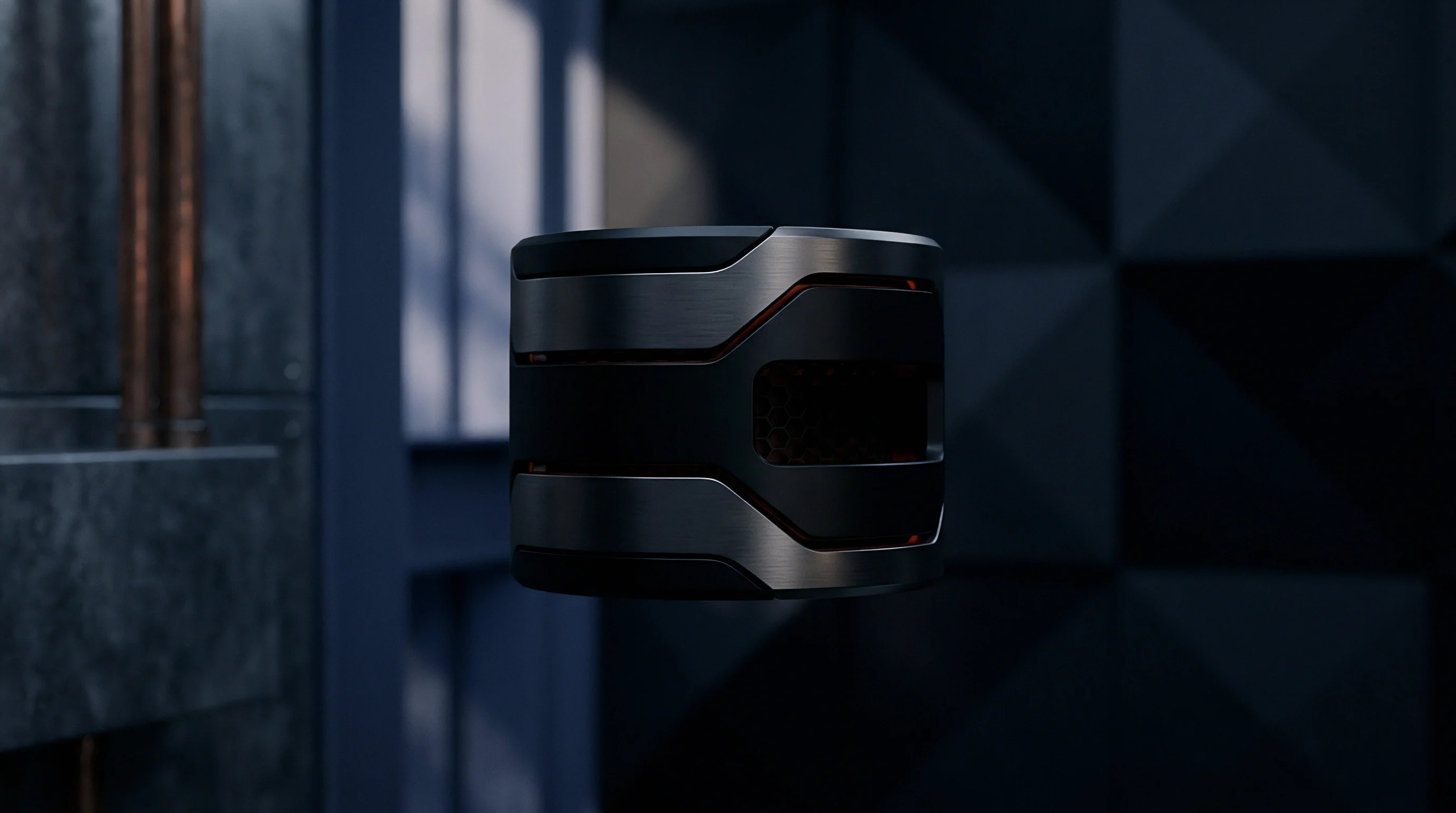 This rendered cylindrical device showcases a metallic and black casing with glowing red accents against a dark, geometric background.