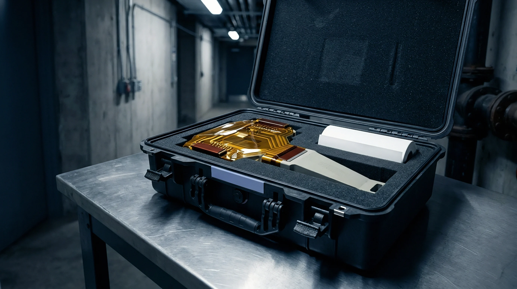 Specialized diagnostic sensor hardware with flexible gold circuitry rests within a protective foam lined case on a metal workbench inside a concrete industrial hallway.