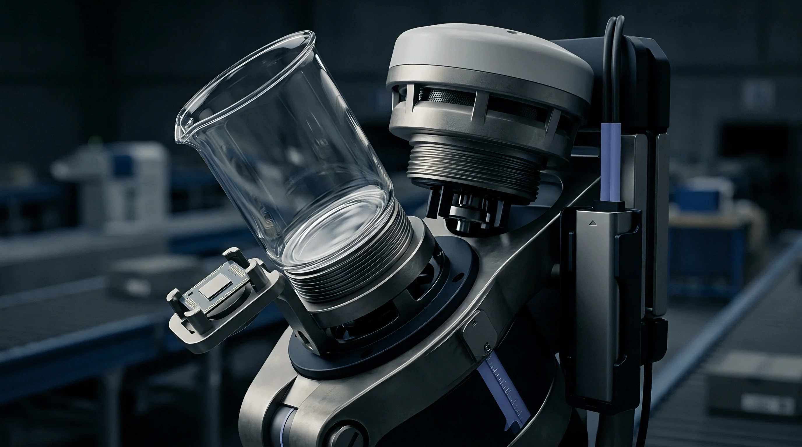 A 3d render displays a modular electrochemical testing fixture with glass reaction vessels and electronic sensors inside a manufacturing facility.
