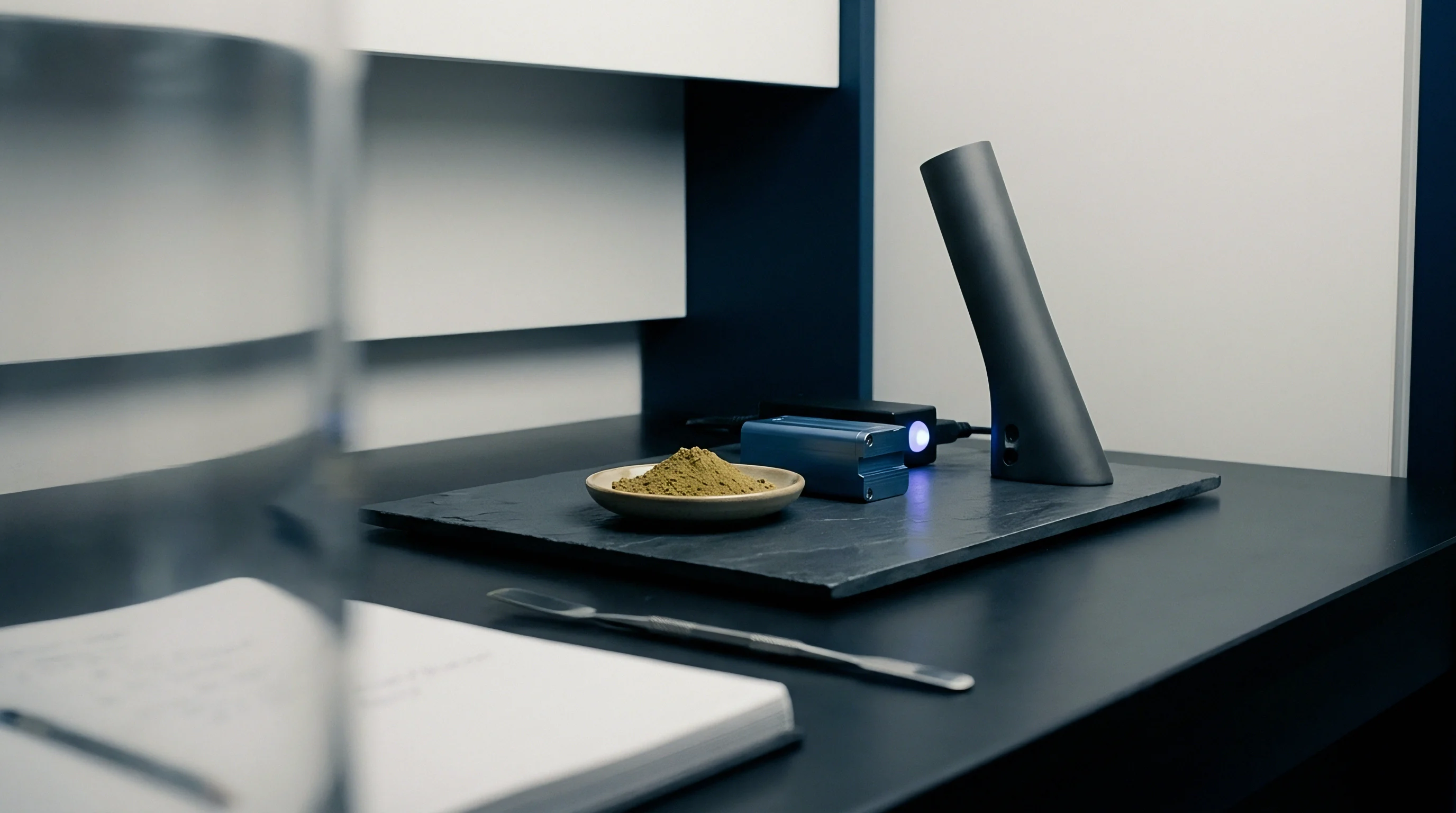 Fine active powder rests on a ceramic dish beside diagnostic hardware upon a dark testing table inside a material research facility.