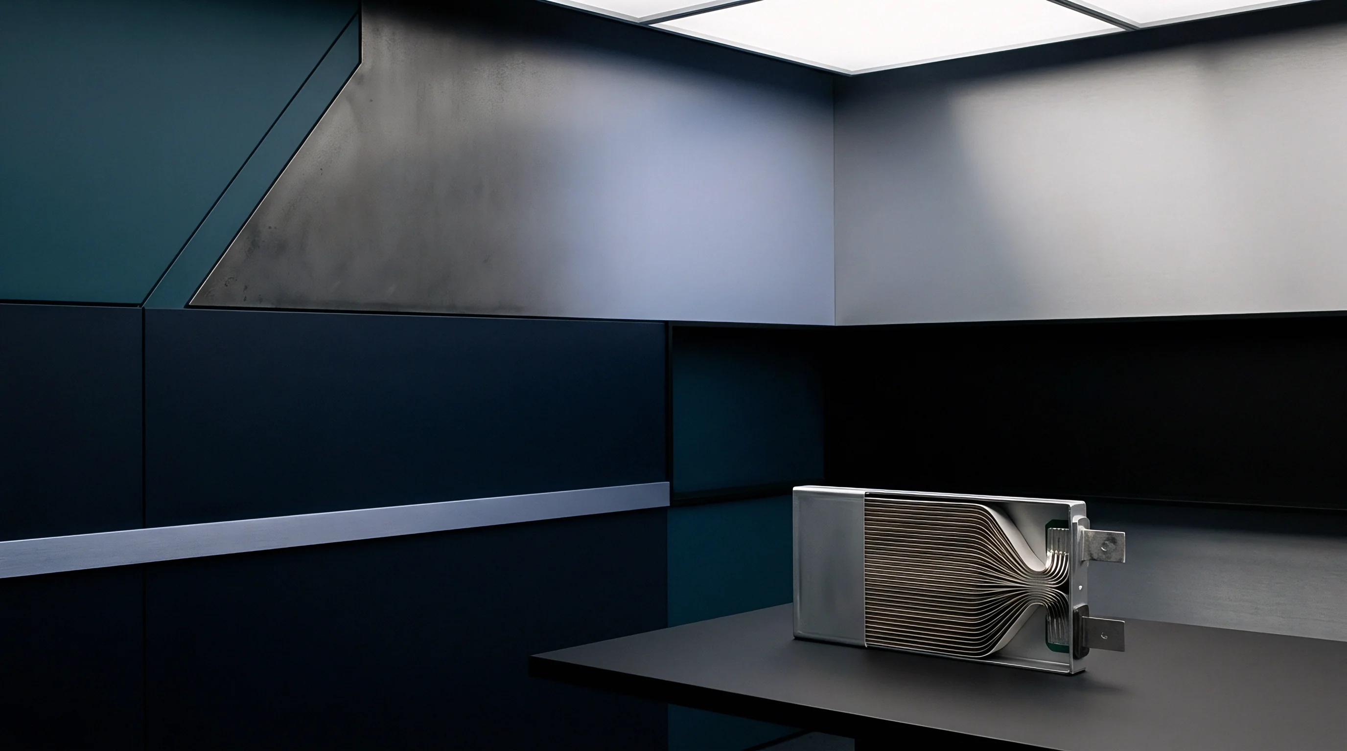 An exposed internal electrode foil assembly of a pouch battery rests on a dark table inside an engineering laboratory.