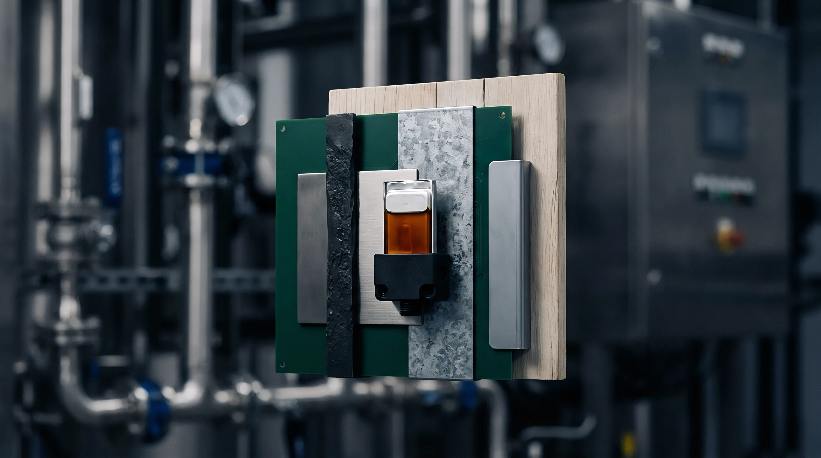 An arrangement of diverse industrial material samples and a clear container holding amber liquid is centered against a blurred industrial backdrop.