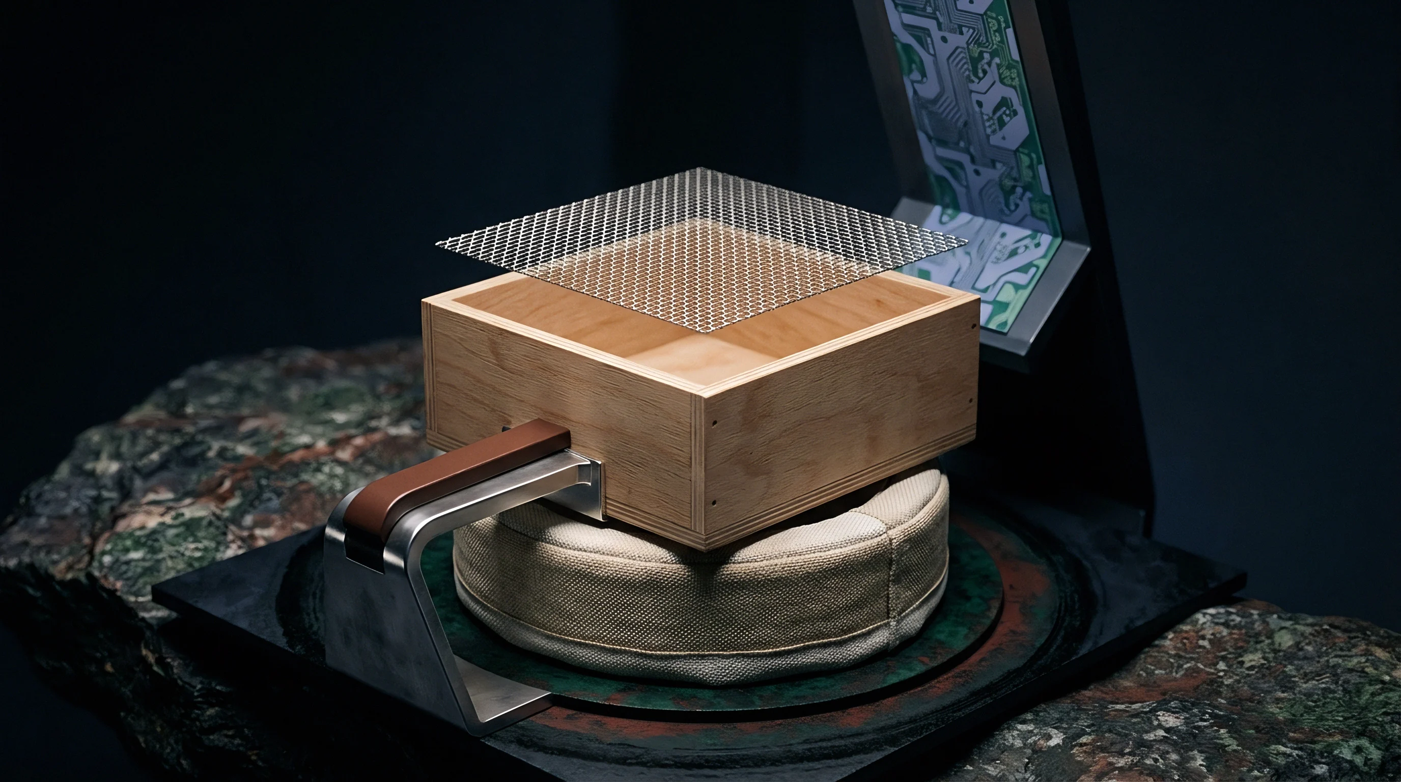Wood housing unit with metal mesh grid rests atop cushioned mounting base beside mechanical arm in laboratory environment.