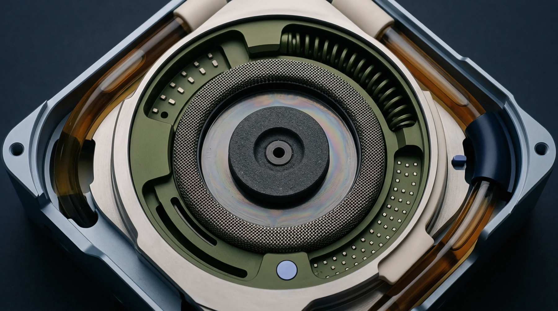 Precision machined aluminum housing encloses an olive green polymer module surrounding a textured metallic cylinder connected to amber fluid tubing.