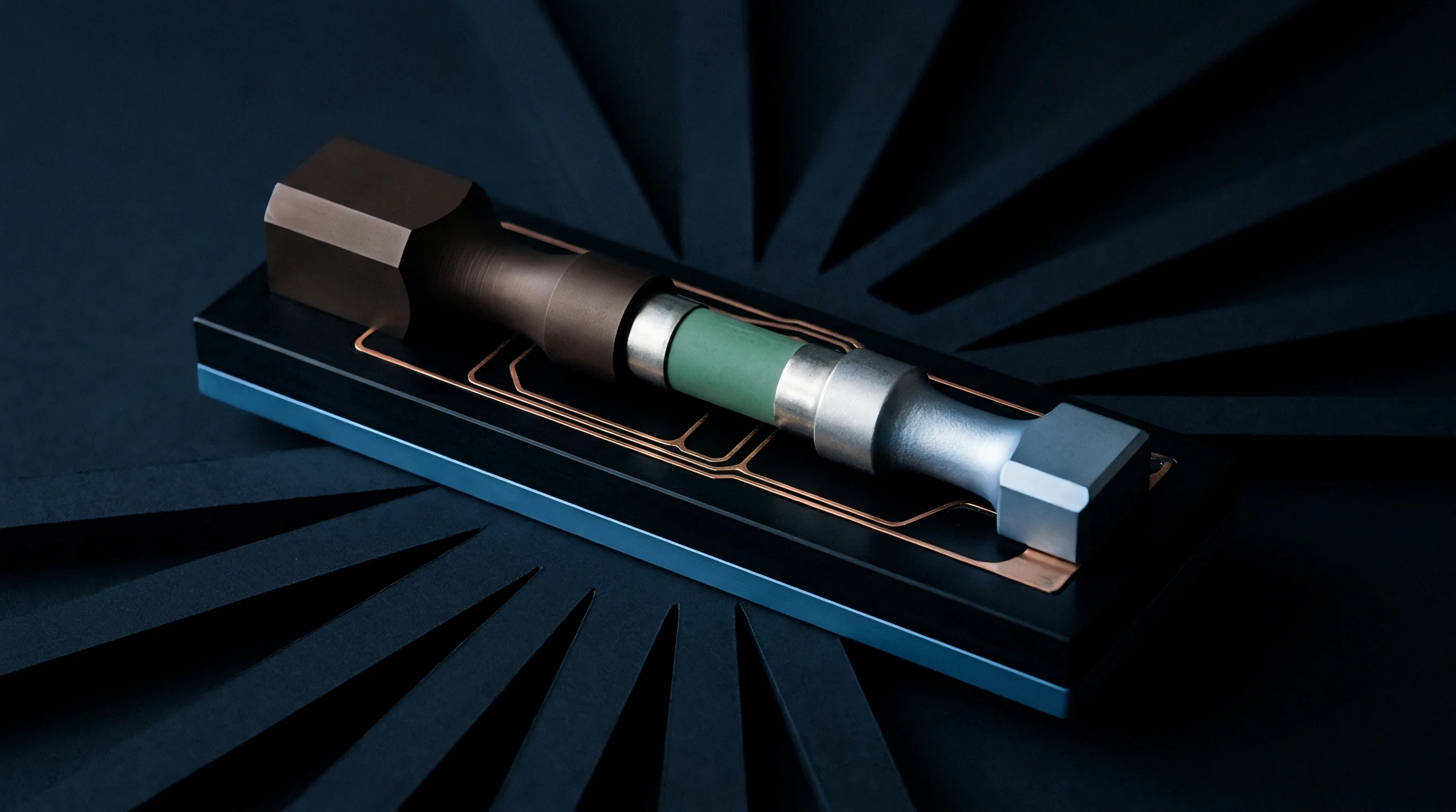 A multi material modular prototype assembly rests on a rectangular platform with copper circuitry inlay set against a radial geometric background illustration.