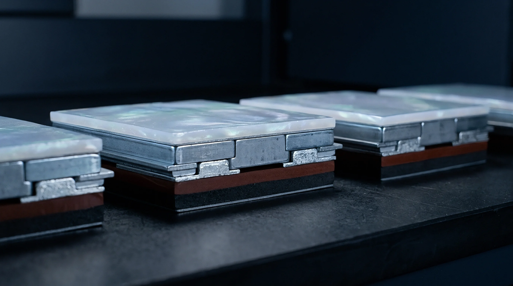 Rectangular solid state battery modules with layered metal housings and ceramic separators rest on a dark industrial assembly bench.
