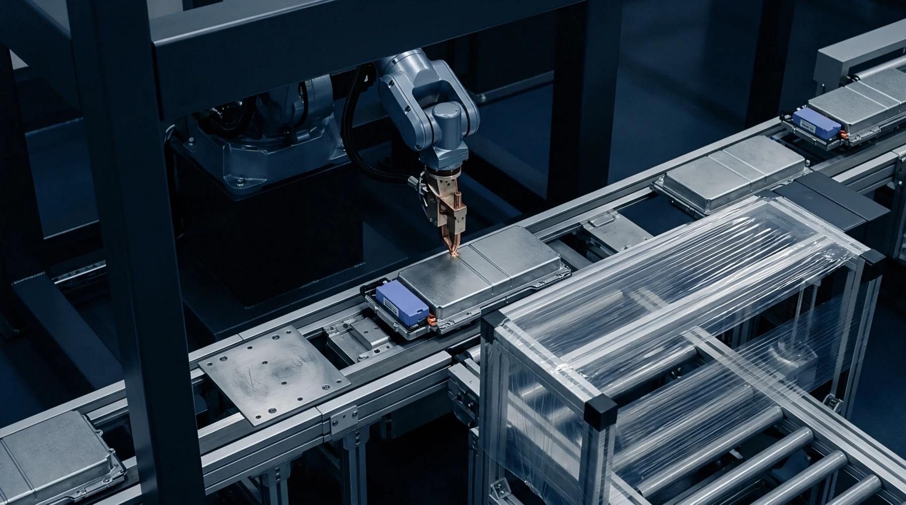 Robotic arms perform automated laser welding on metallic battery modules moving along a motorized conveyor system inside an assembly plant facility.