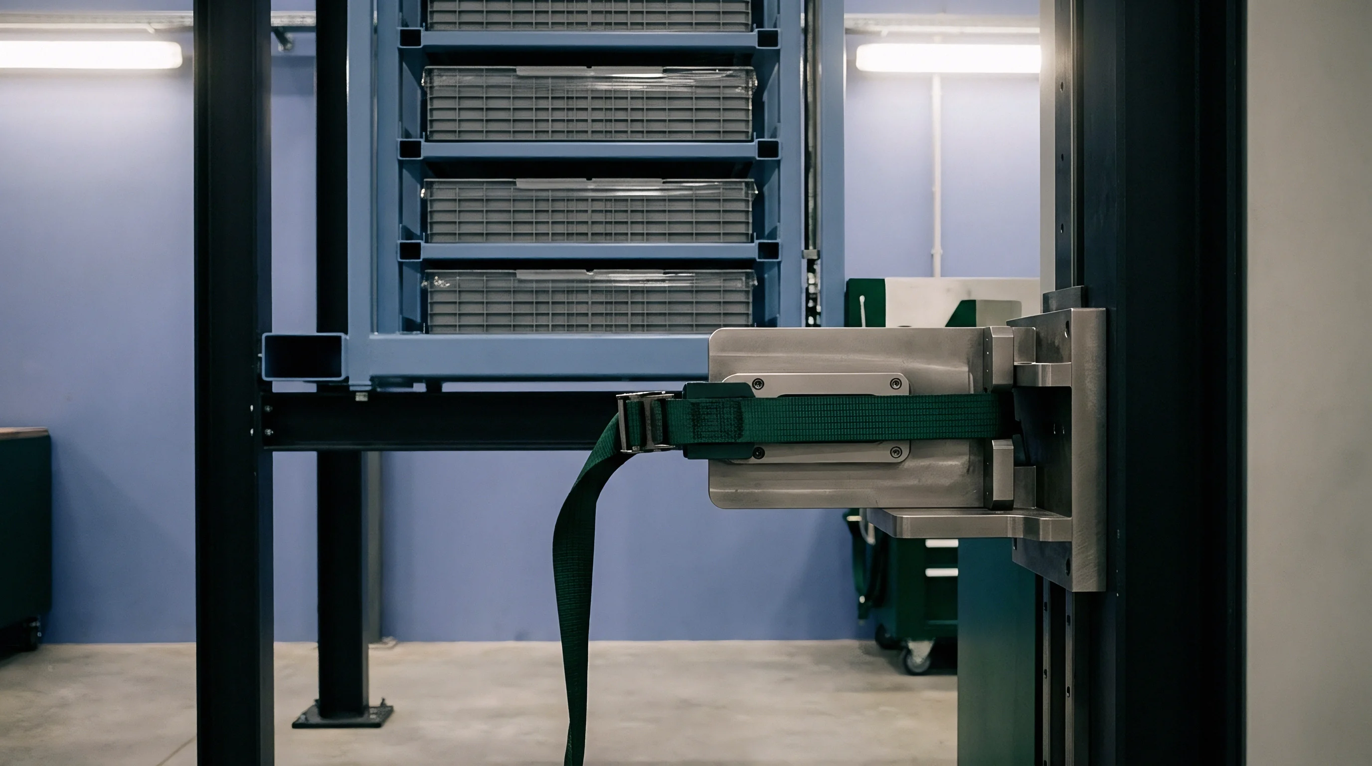 A metallic load testing fixture secures a heavy green restraint strap within an automated warehouse module storage framework.