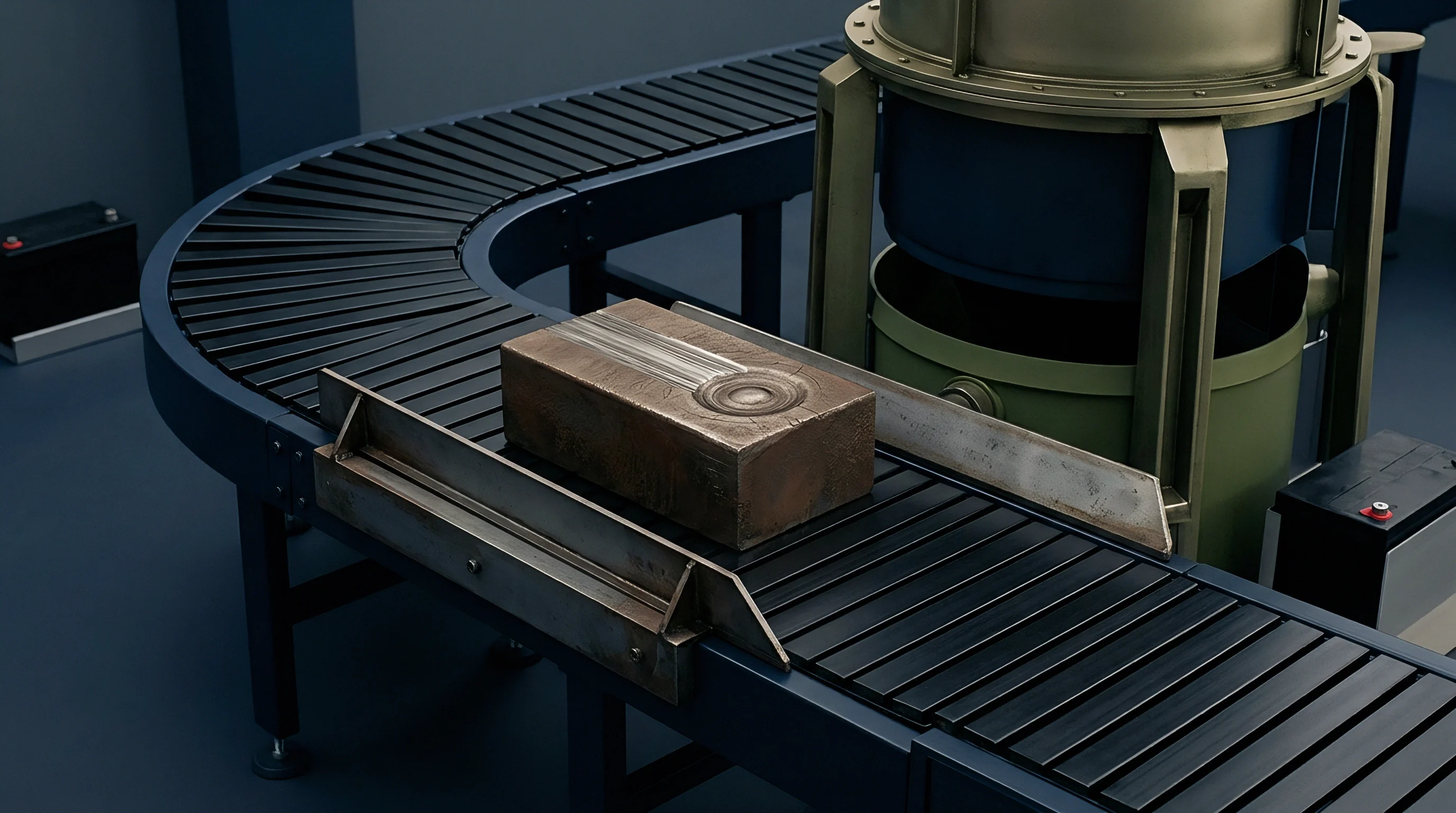 A 3D render displays a rectangular metallic component with a patterned surface moving along a dark industrial conveyor belt in a clean manufacturing environment.