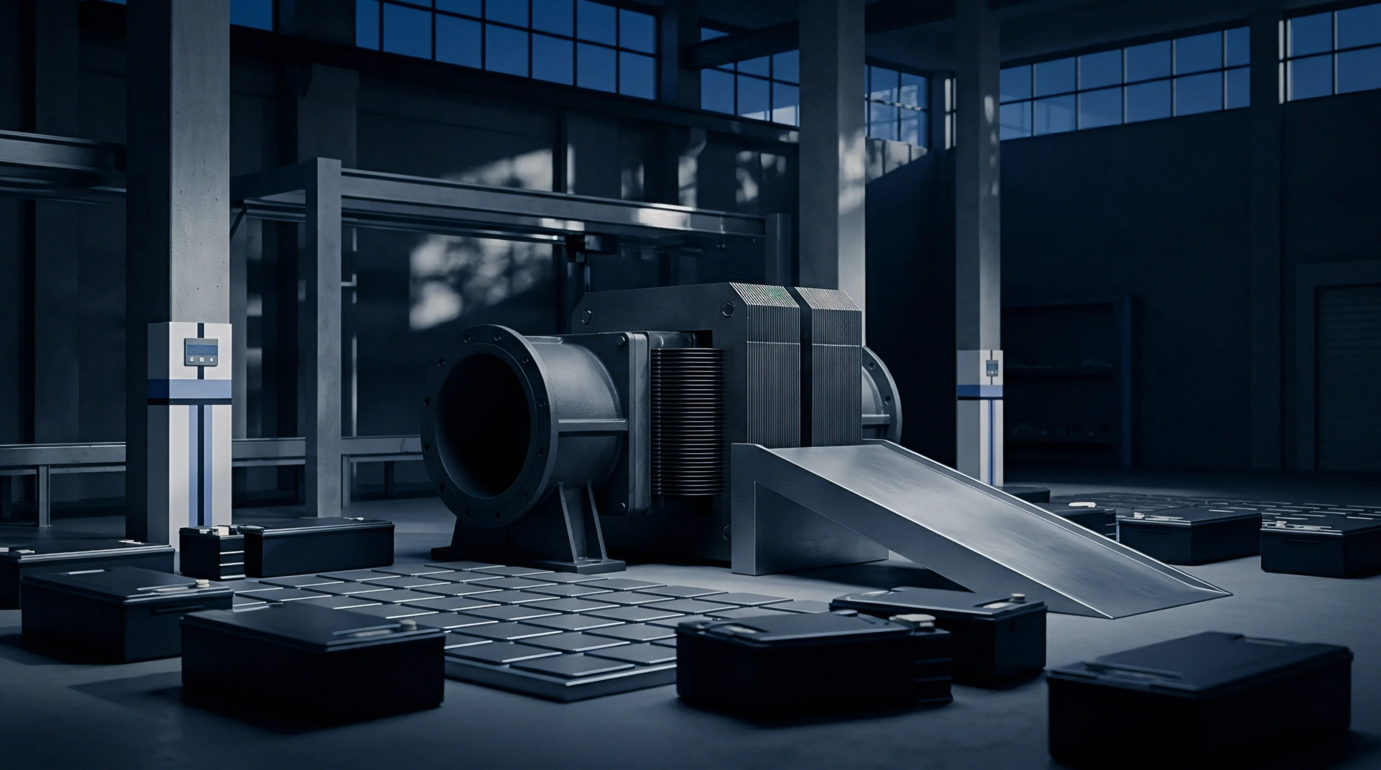 Modular battery packs and heavy processing machinery populate a dark industrial workshop floor beneath high grid windows.