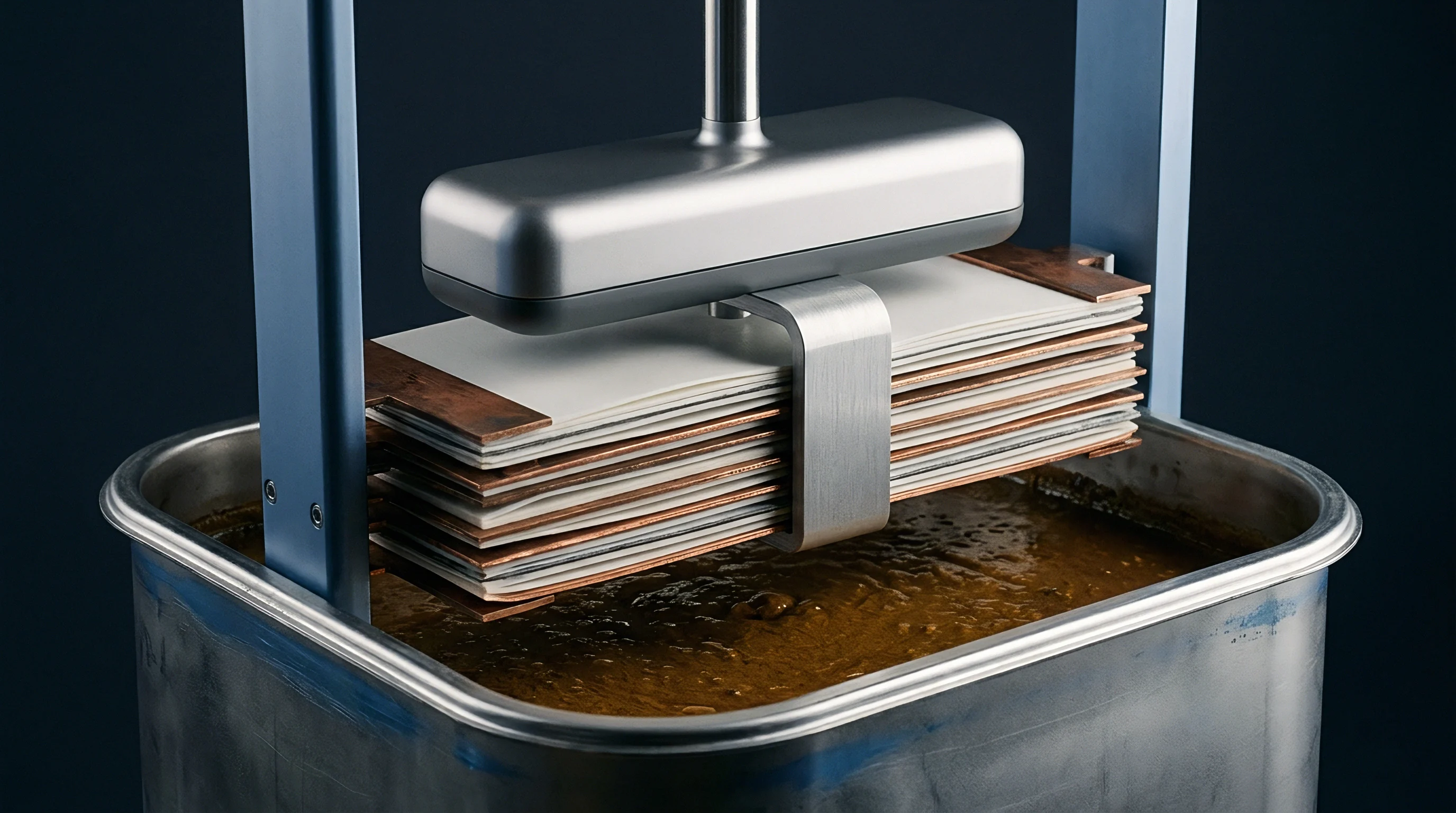 A mechanical arm suspends a stack of layered battery electrode plates above a stainless steel tank filled with a brown chemical solution.
