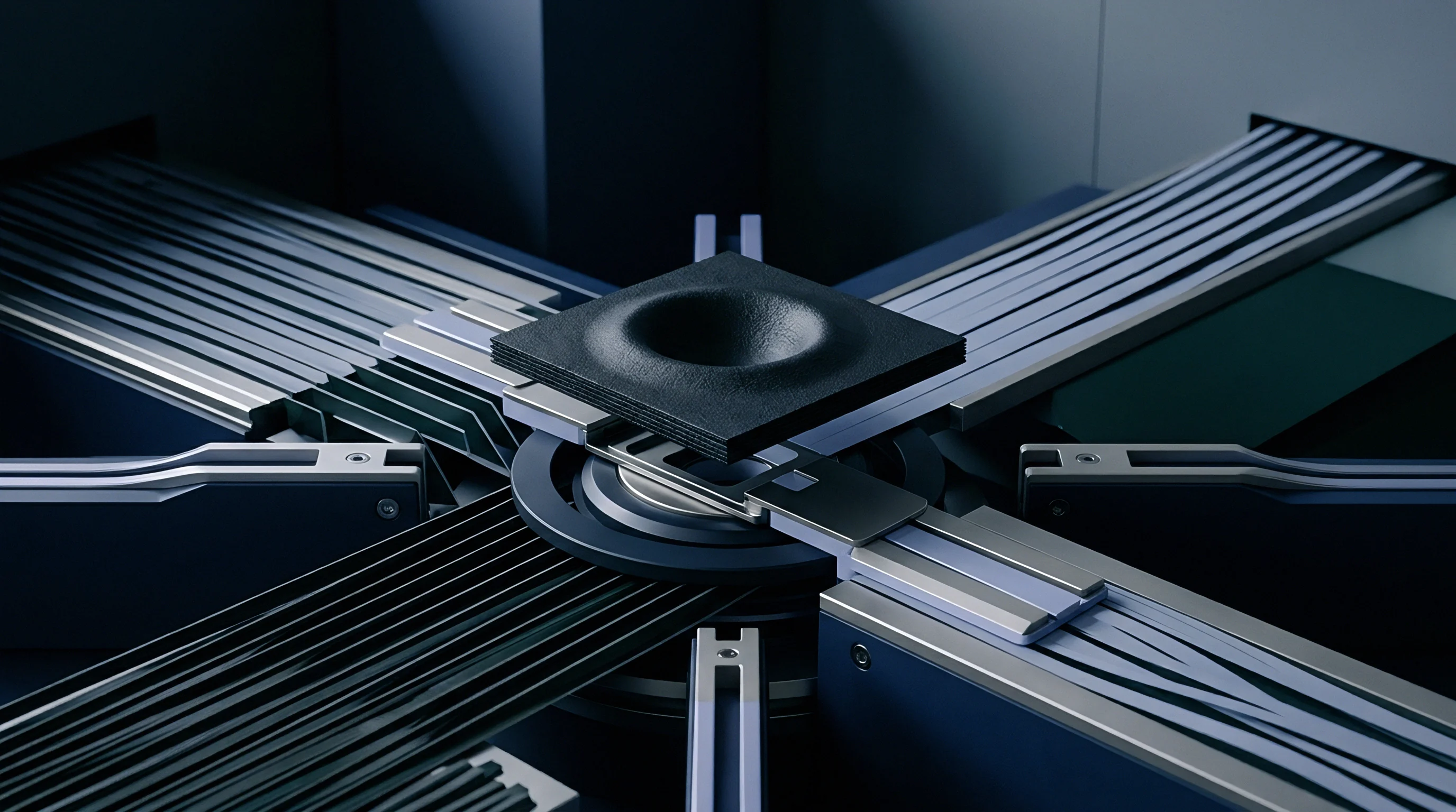 An industrial 3D render shows mechanical feeder tracks routing dark composite strip materials toward a central formed sheet on a rotating assembly platform.