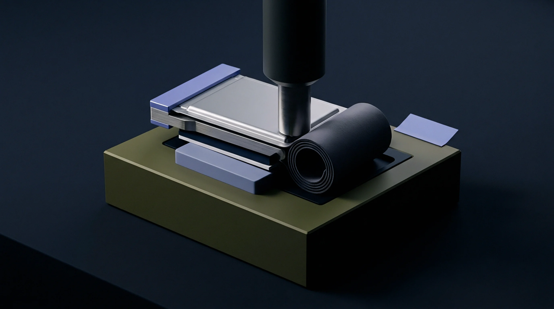 A digital render illustrates a mechanical assembly tool pressing onto a prismatic battery cell secured on a green fixture plate.