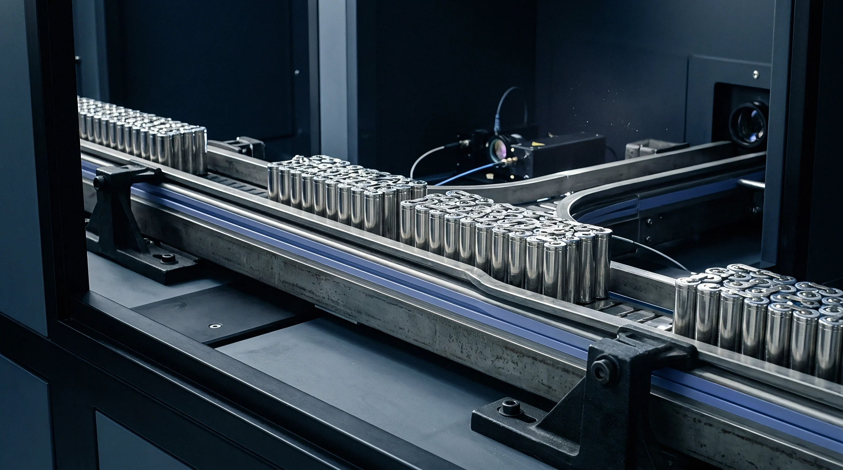 Cylindrical lithium ion battery cells move along a precision conveyor system inside an automated manufacturing facility for advanced energy storage production.