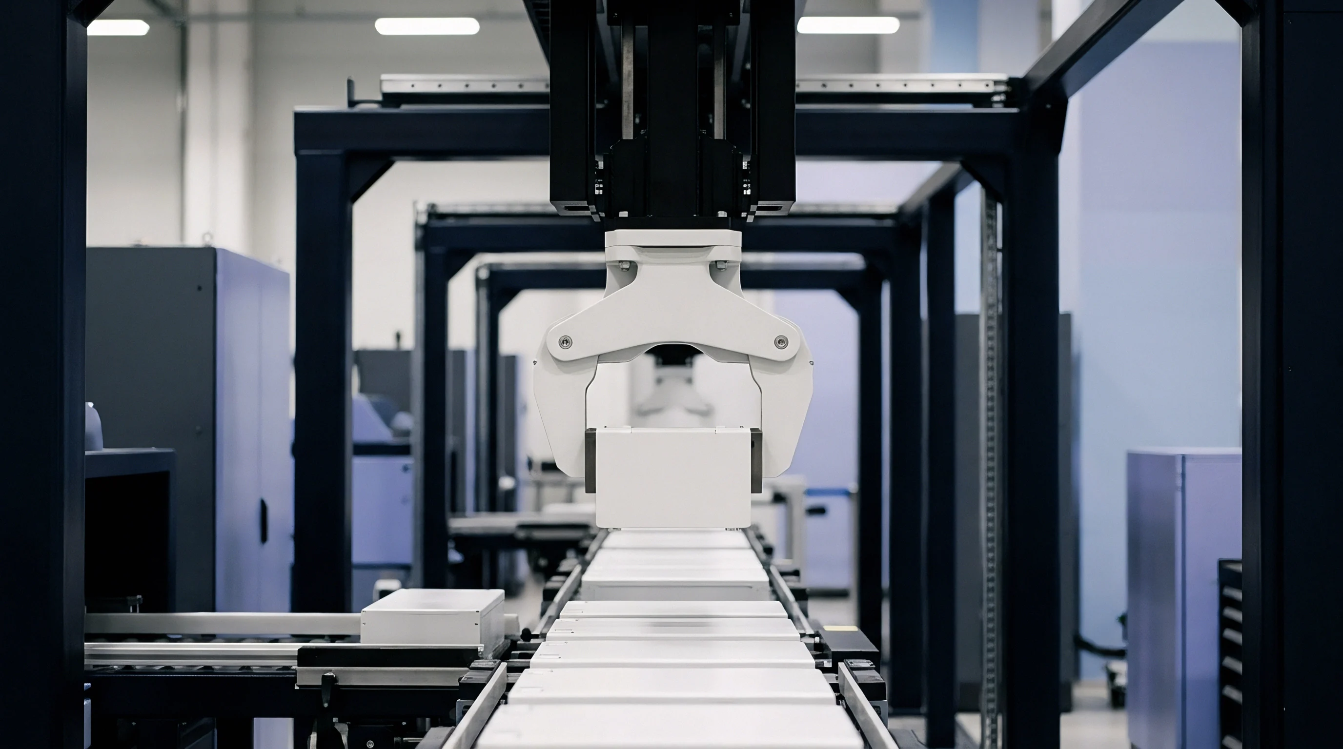 A robotic arm with white grippers prepares to handle a rectangular component on a white conveyor belt within a modern manufacturing facility.