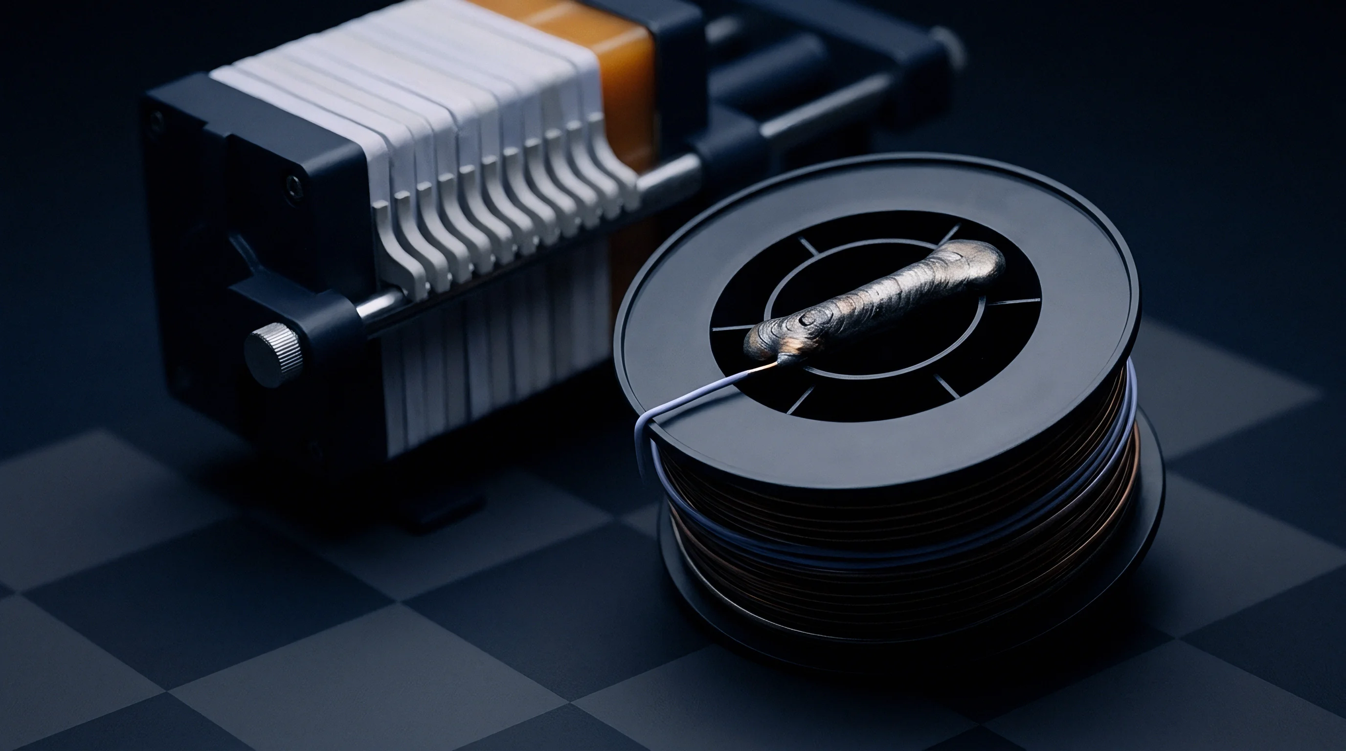 A digital render displays a stacked prismatic battery cell component beside a black spool wound with copper and metal wire on a checkered surface.