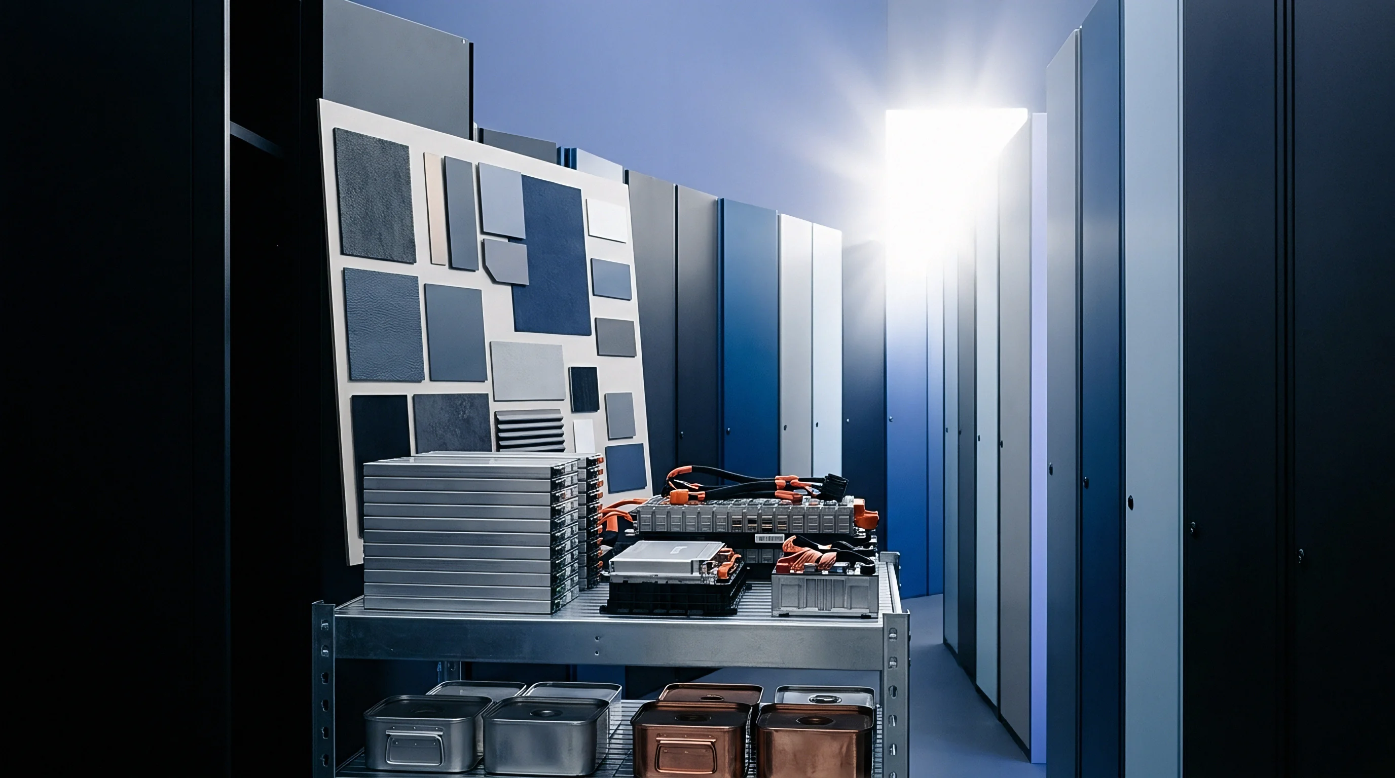 Stacked lithium battery cell modules and material finish samples rest on a metal cart inside an industrial component supply facility.
