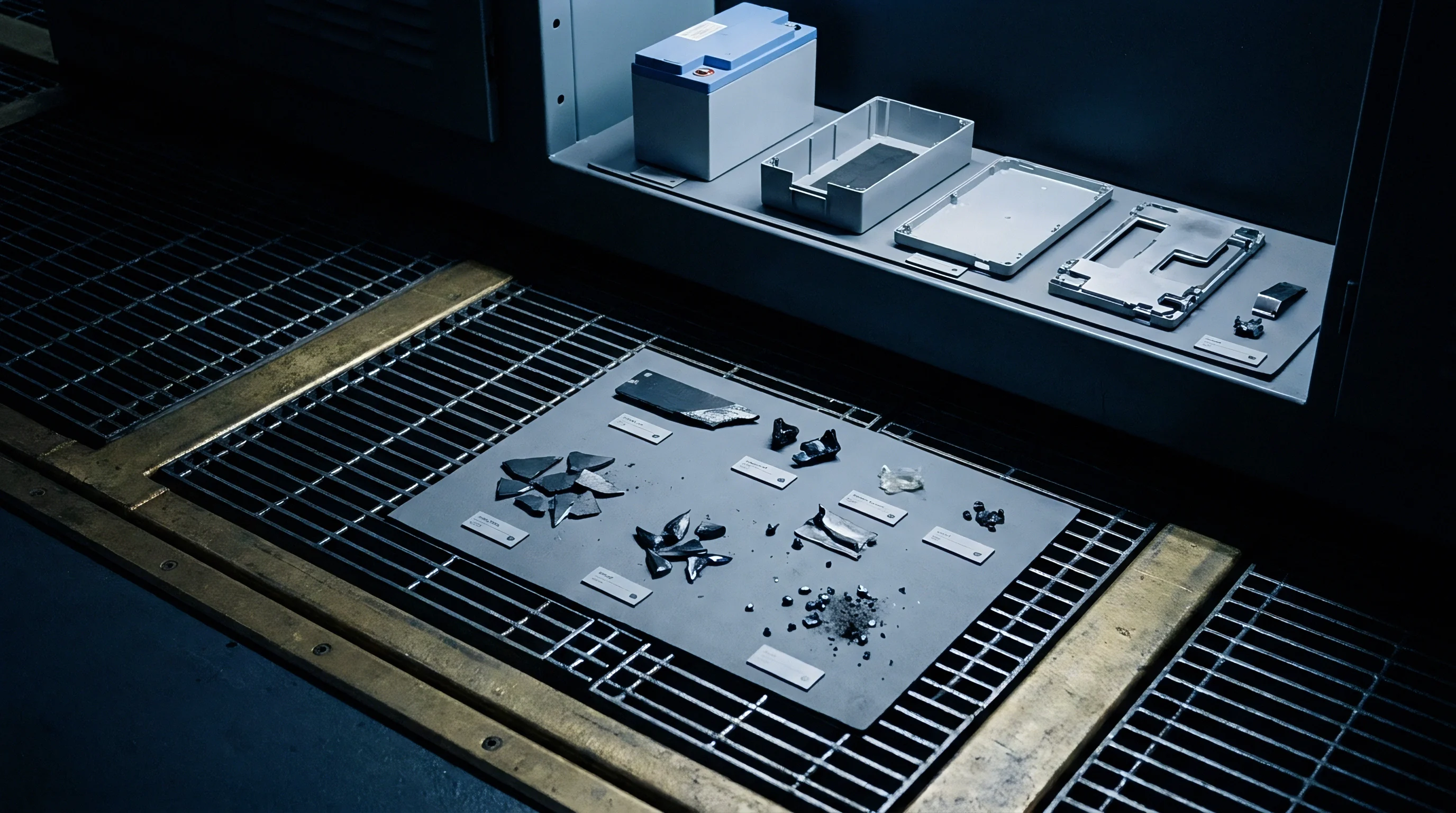 Disassembled battery pack housings and categorized material sample fragments rest on industrial floor gratings inside a testing facility.