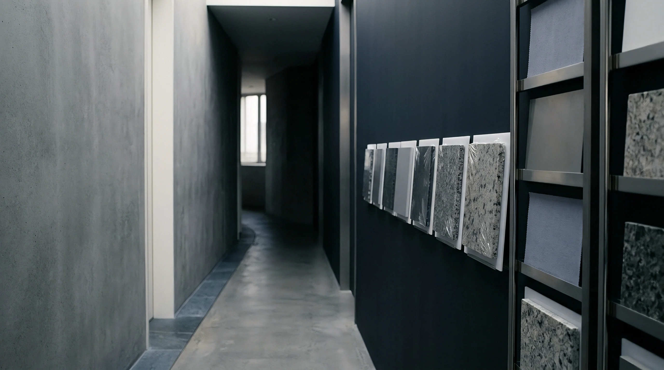 A corridor displays rows of raw material samples mounted on a dark wall for industrial selection and supply chain qualification within a battery component development laboratory.