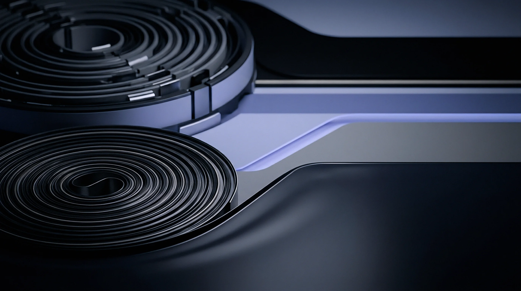 Precision metallic foils wind into cylindrical electrode rolls alongside modular manufacturing tracks within an automated battery production facility.