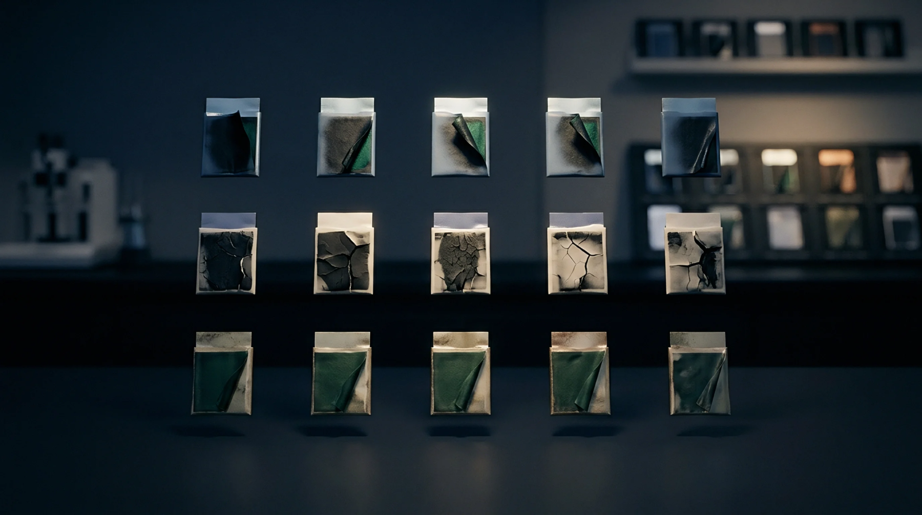 Fifteen suspended rectangular samples of battery electrode coatings display varying states of structural failure across a dark laboratory workbench.