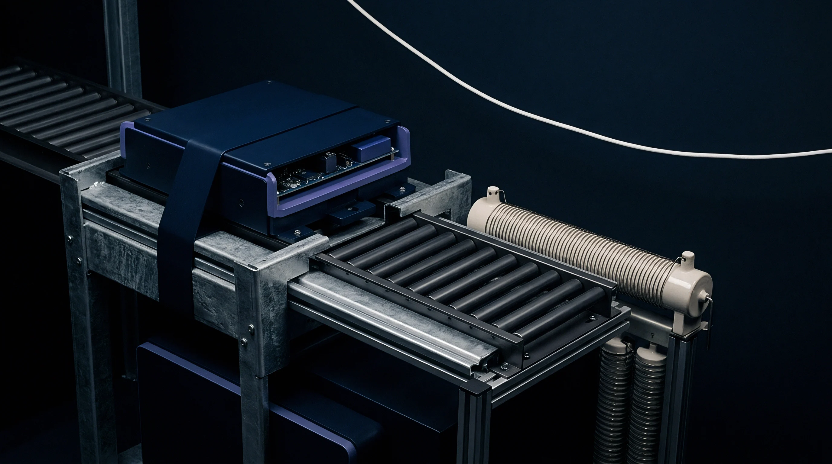 A dark blue energy storage battery module rests on a galvanized steel roller conveyor inside a production testing facility.