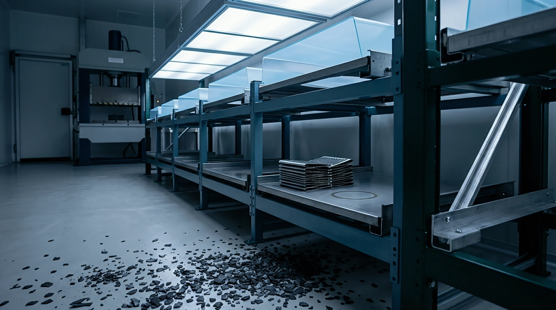 Steel storage racks and industrial equipment fill a cleanroom manufacturing floor while dark material debris litters the epoxy surface.