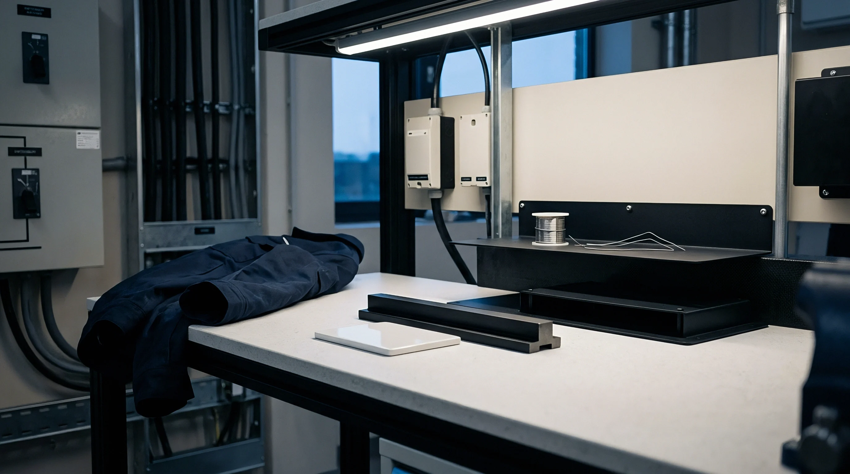 A production workbench contains protective garments and assembly tooling inside a battery manufacturing facility equipped with structured electrical cabling panels.