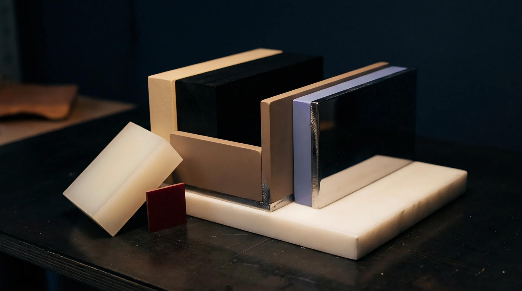 Precision machined battery component samples and polymer housing blocks rest on a white inspection slab inside a production laboratory.