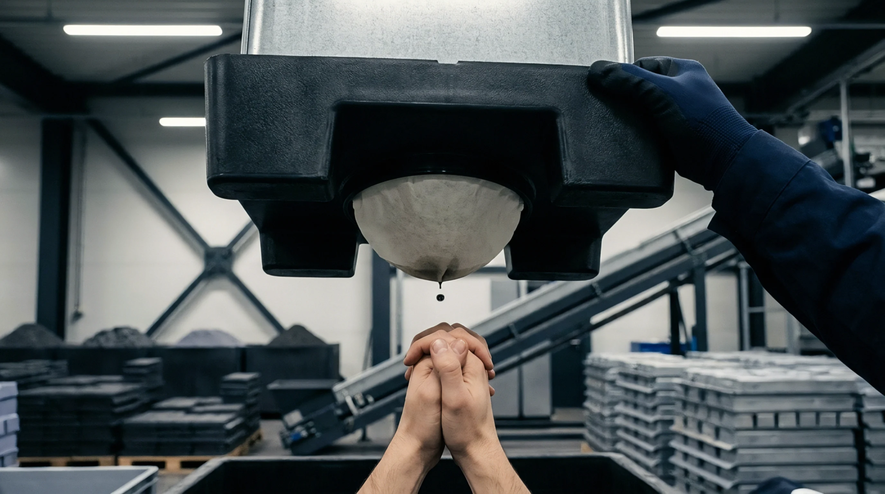 A worker inspects fluid filtration through a fabric filter suspended above industrial metal stacks inside a battery recycling plant.