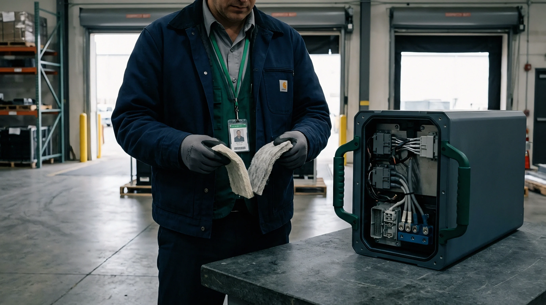A technician wearing protective gloves prepares fibrous thermal insulation for installation into an open industrial battery management system module chassis.
