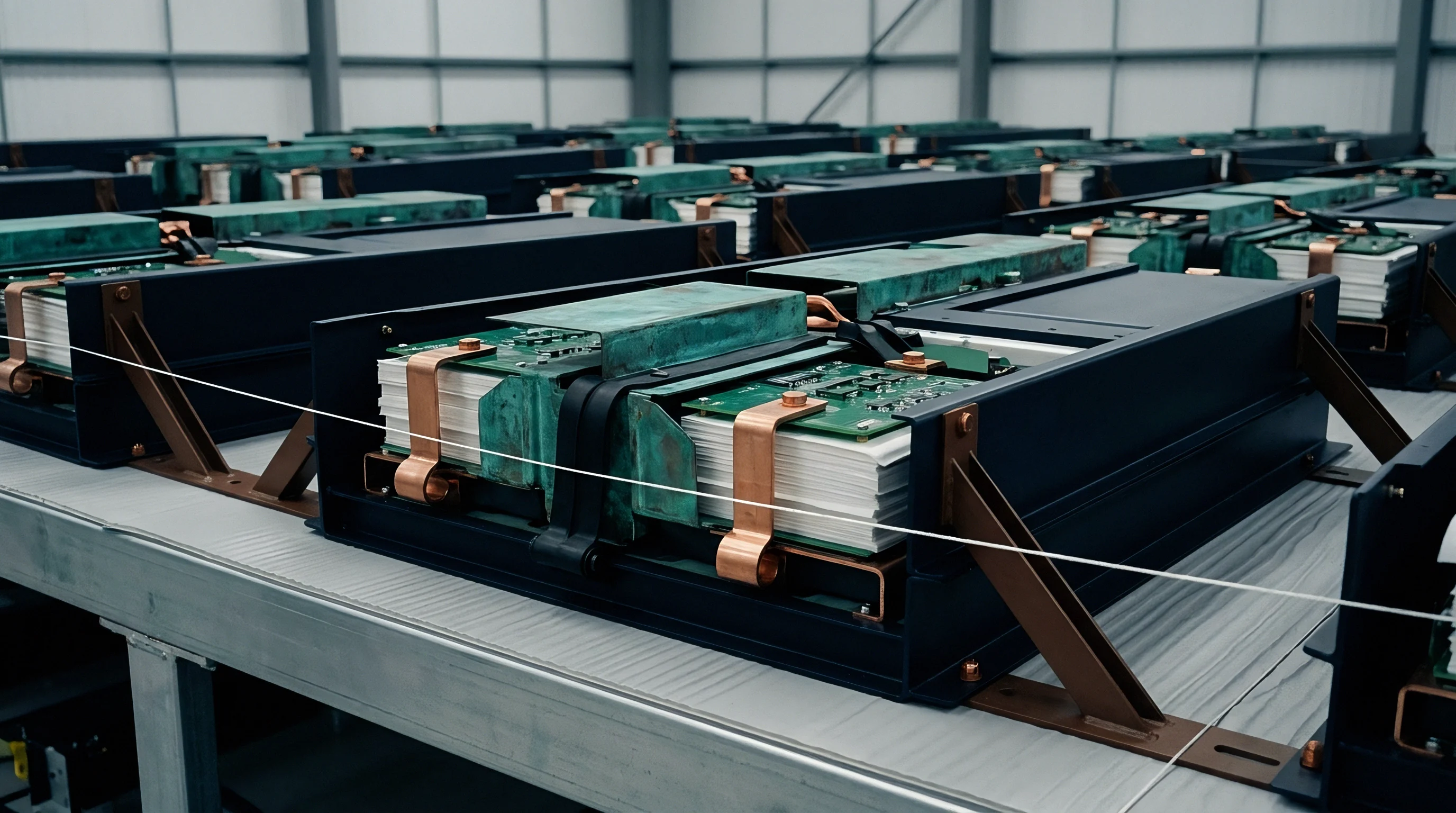 Large rectangular battery modules with exposed internal components rest upon industrial assembly tables inside a modern manufacturing facility.
