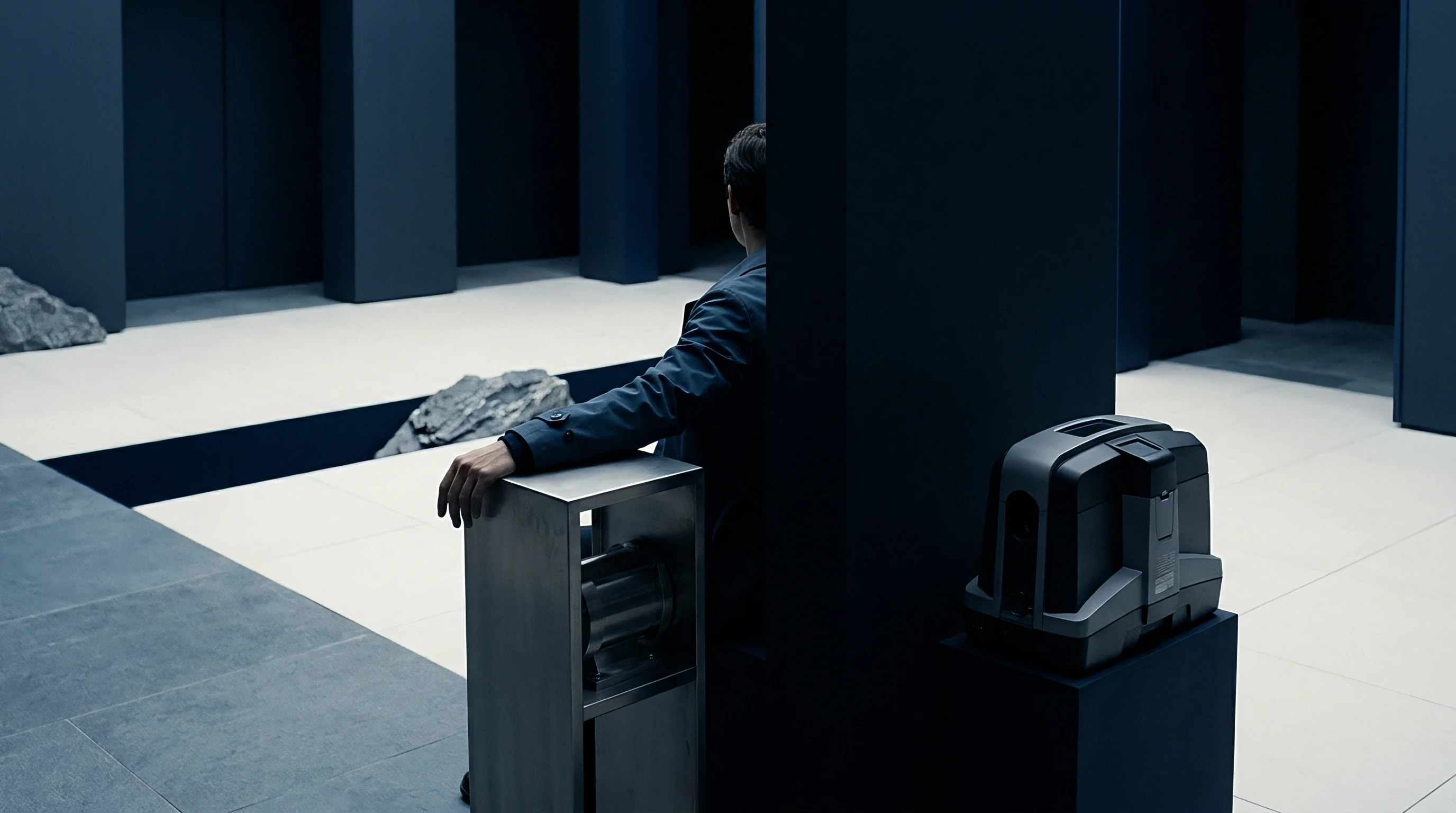 An industrial technician stands beside metallic diagnostic hardware within a dark modular energy storage testing chamber with concrete architecture.