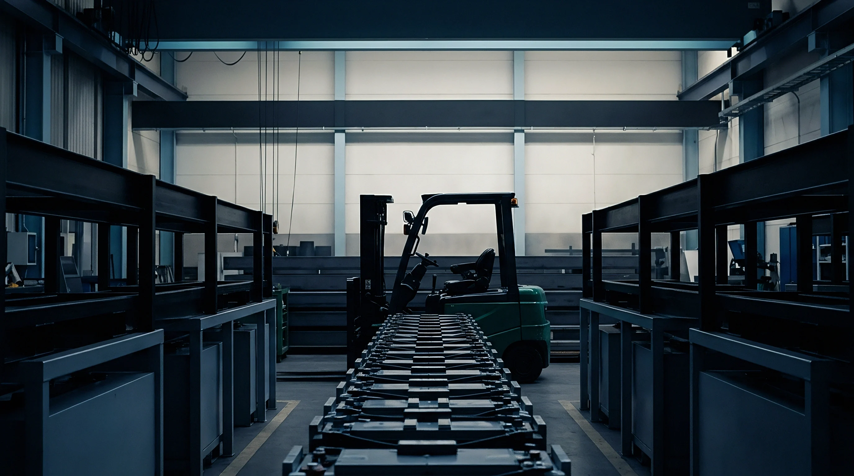 Long rows of metallic modular containers sit in a central aisle of a dimly lit high ceilinged industrial assembly plant.