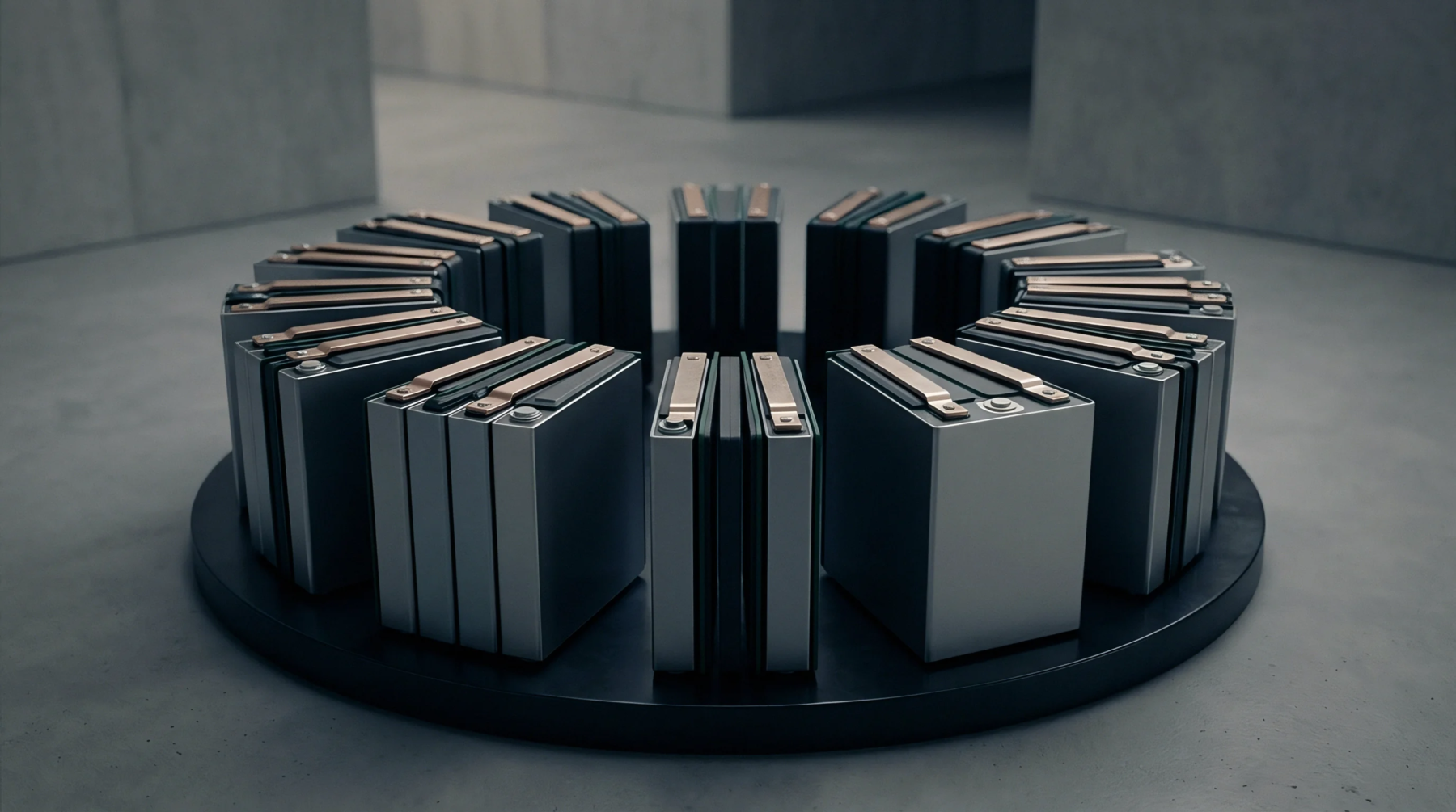 Twelve prismatic battery cell modules form a circular array on a dark platform in a grey concrete space in this digital render.