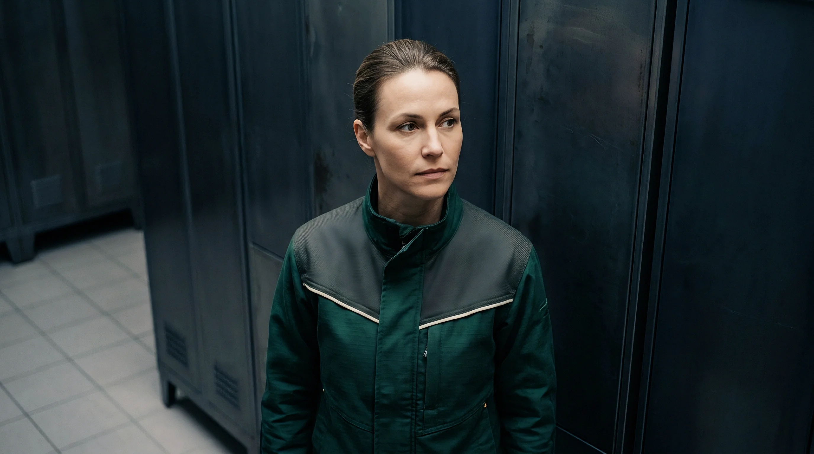 A female production operator wearing green industrial workwear stands inside a battery manufacturing facility corridor lined with metal lockers.
