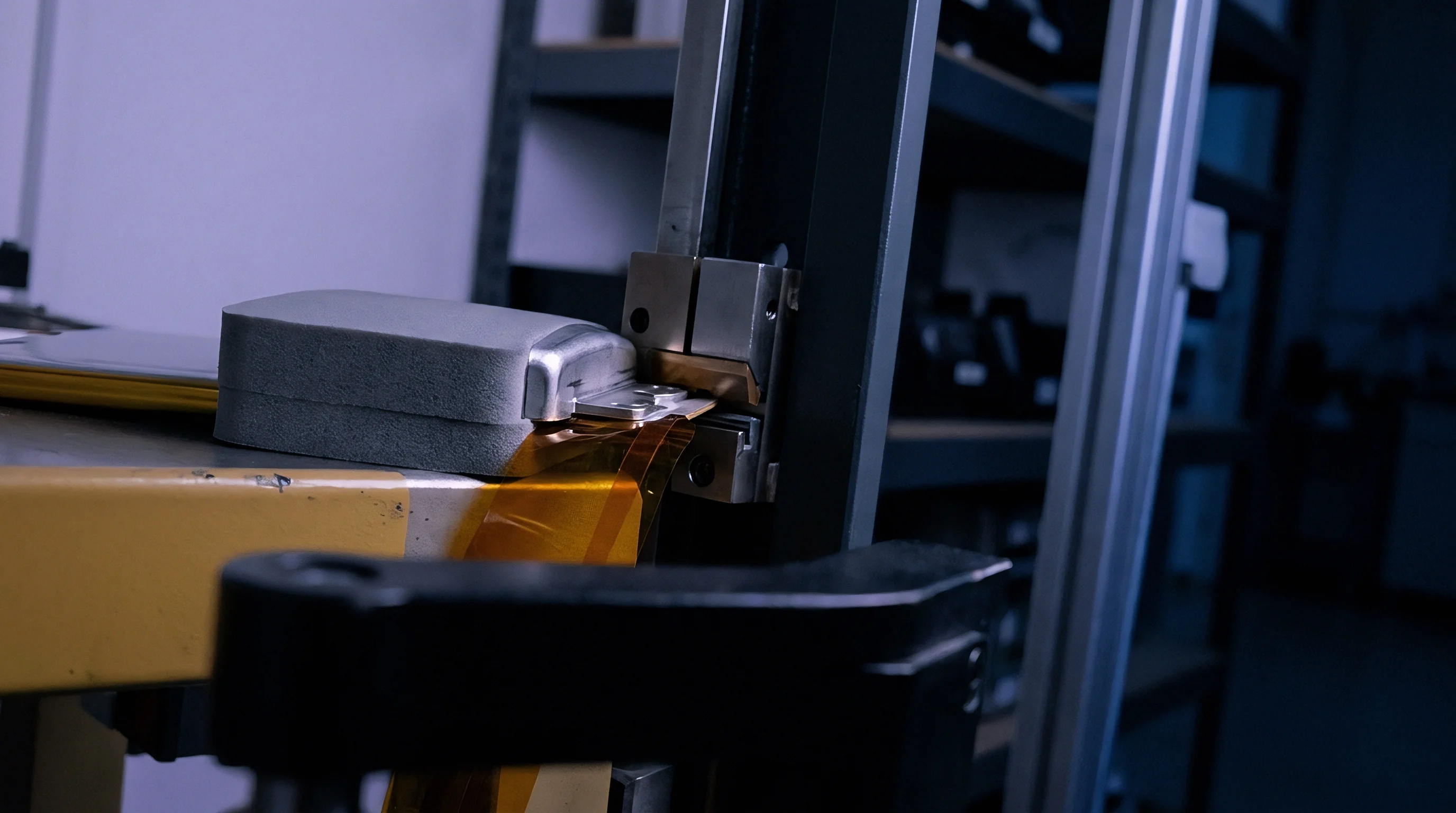 A lithium ion pouch cell with flexible circuitry rests on a yellow metal shelf beside a vertical manufacturing alignment fixture.