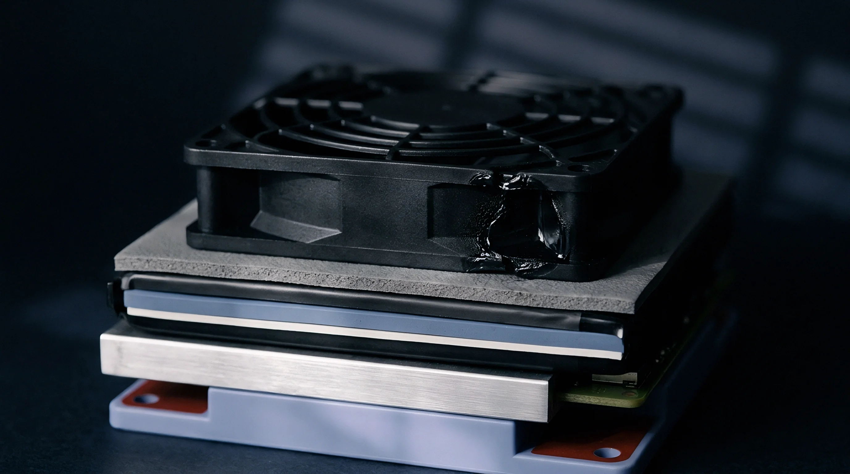 A black cooling fan rests atop layered foam padding, a battery cell module, and a metal housing plate within a dark studio setting.