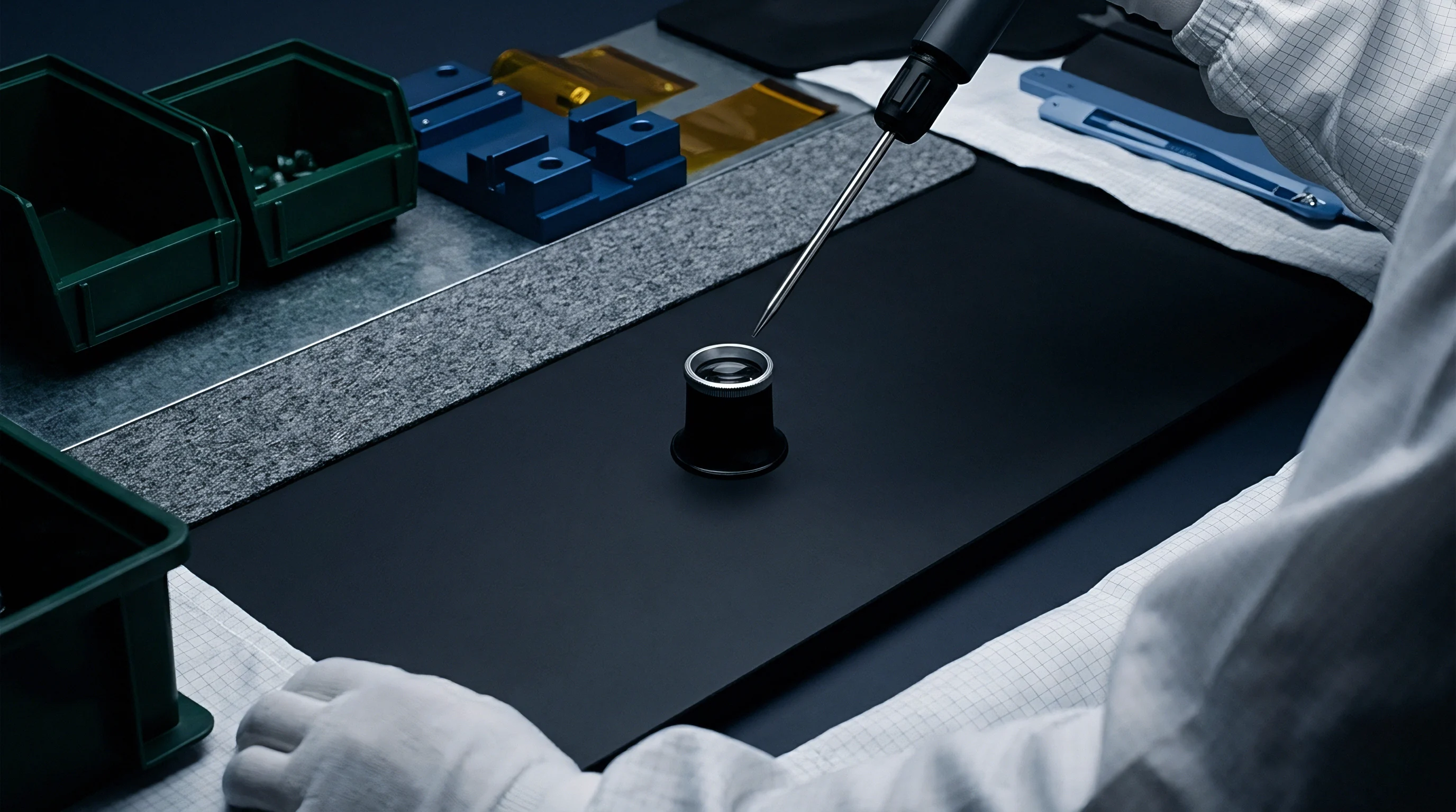 A gloved technician operates a fine probe above an optical inspection loupe on a dark ESD workstation inside a battery manufacturing cleanroom facility.