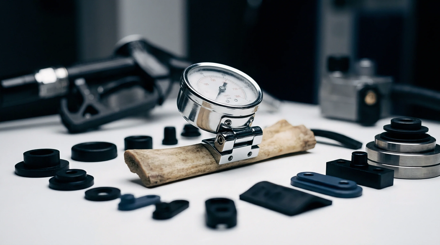A polished pressure gauge is mounted on a piece of bone, surrounded by various black rubber seals and industrial components on a white surface.