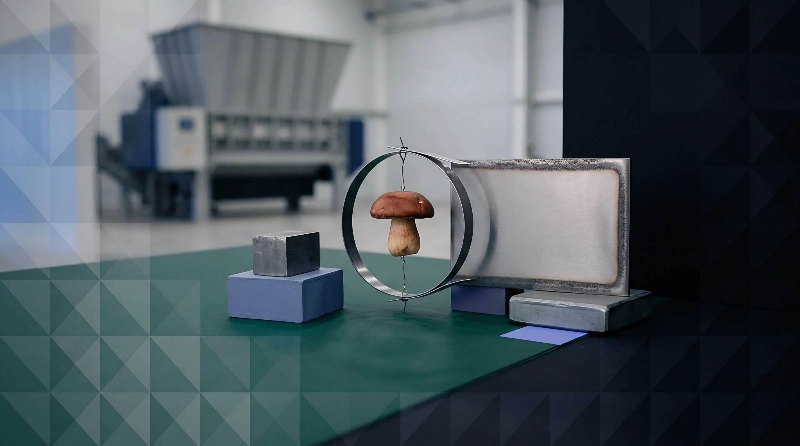 An organic sample hangs inside a metal calibration ring on an assembly bench within an automated recycling plant.
