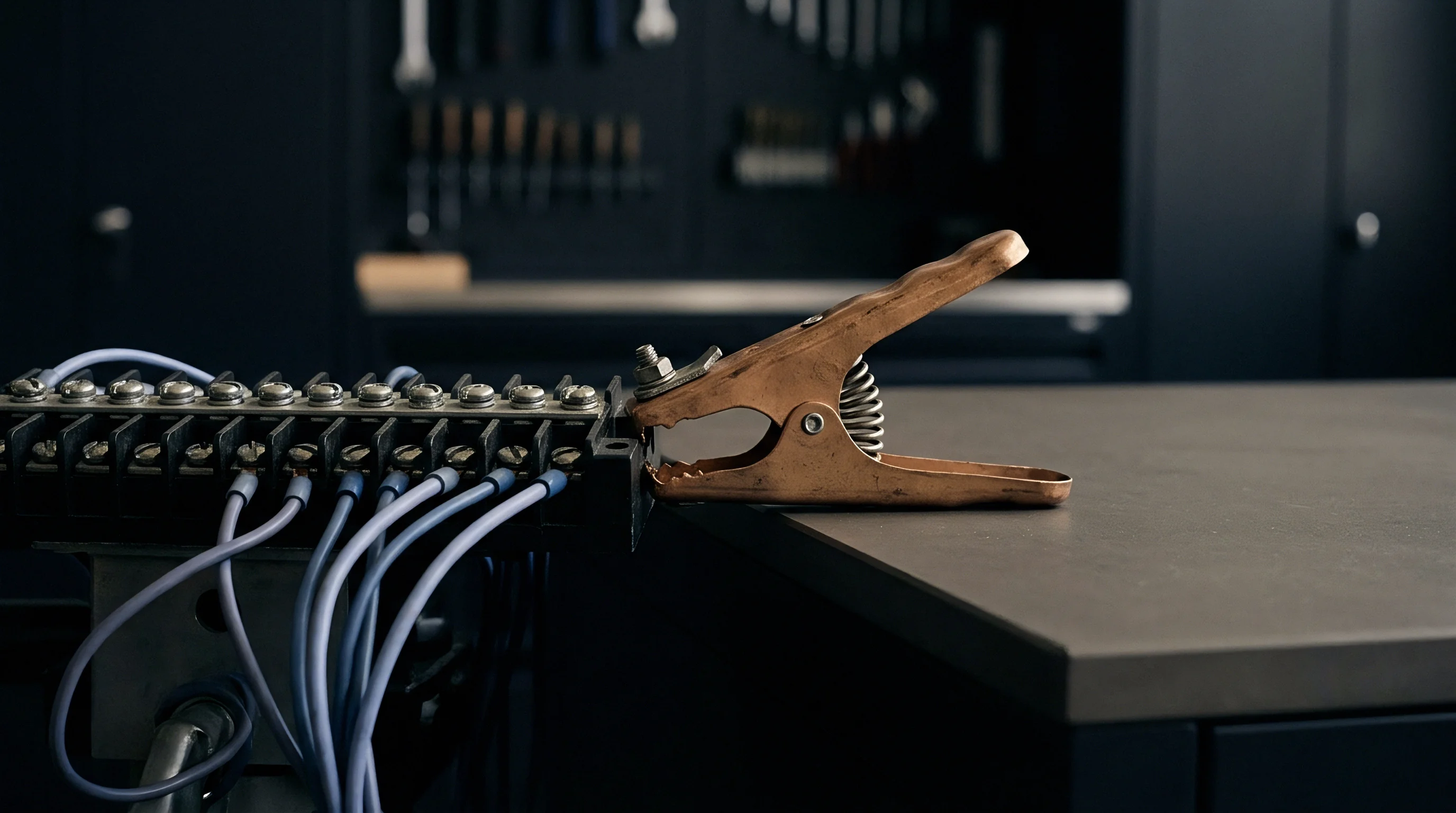 A copper spring clamp grips the edge of a plastic terminal block housing multiple blue insulated wires within a dark industrial workshop.