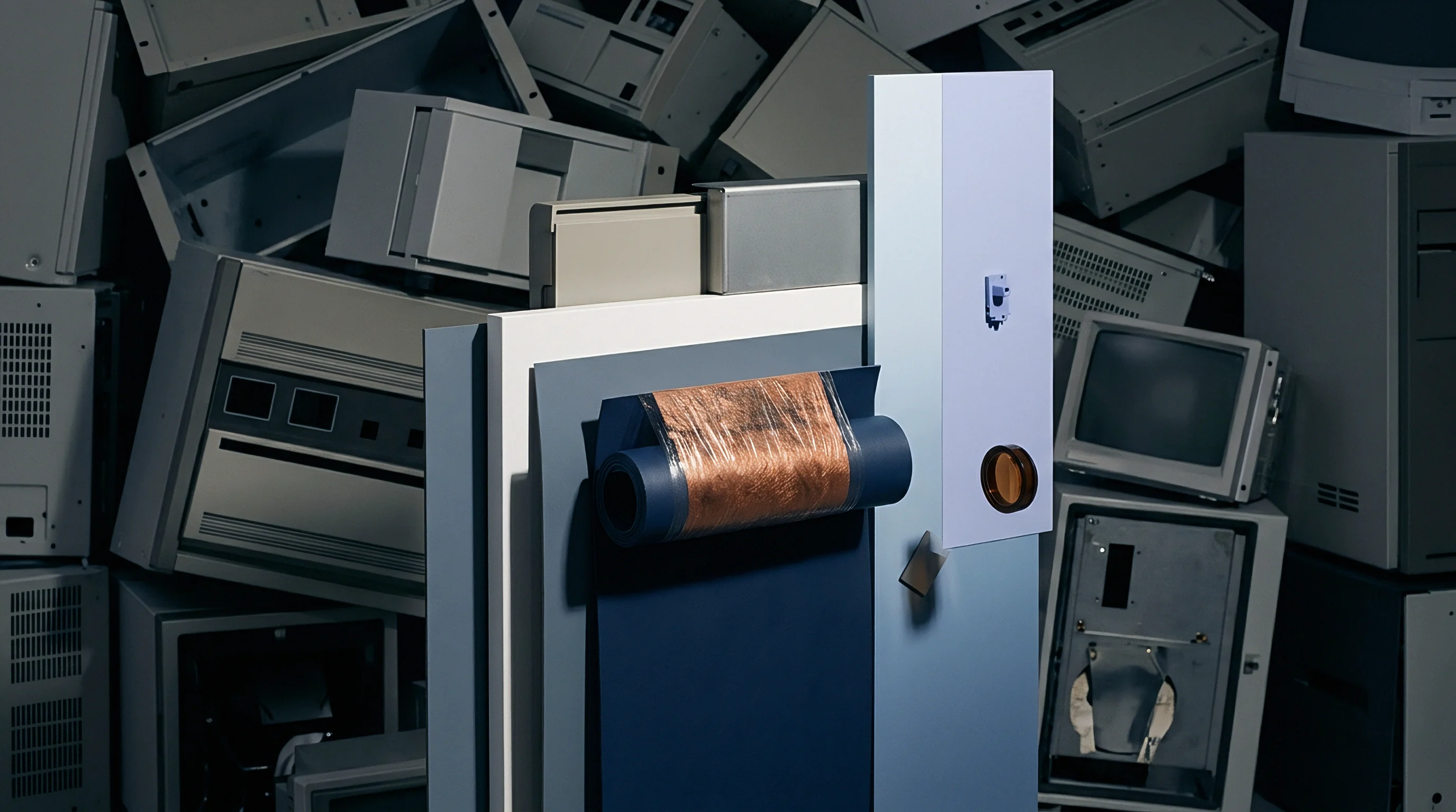 A coil of copper wire, partially wrapped in plastic, is displayed on a dark blue panel in front of a pile of obsolete computer components.