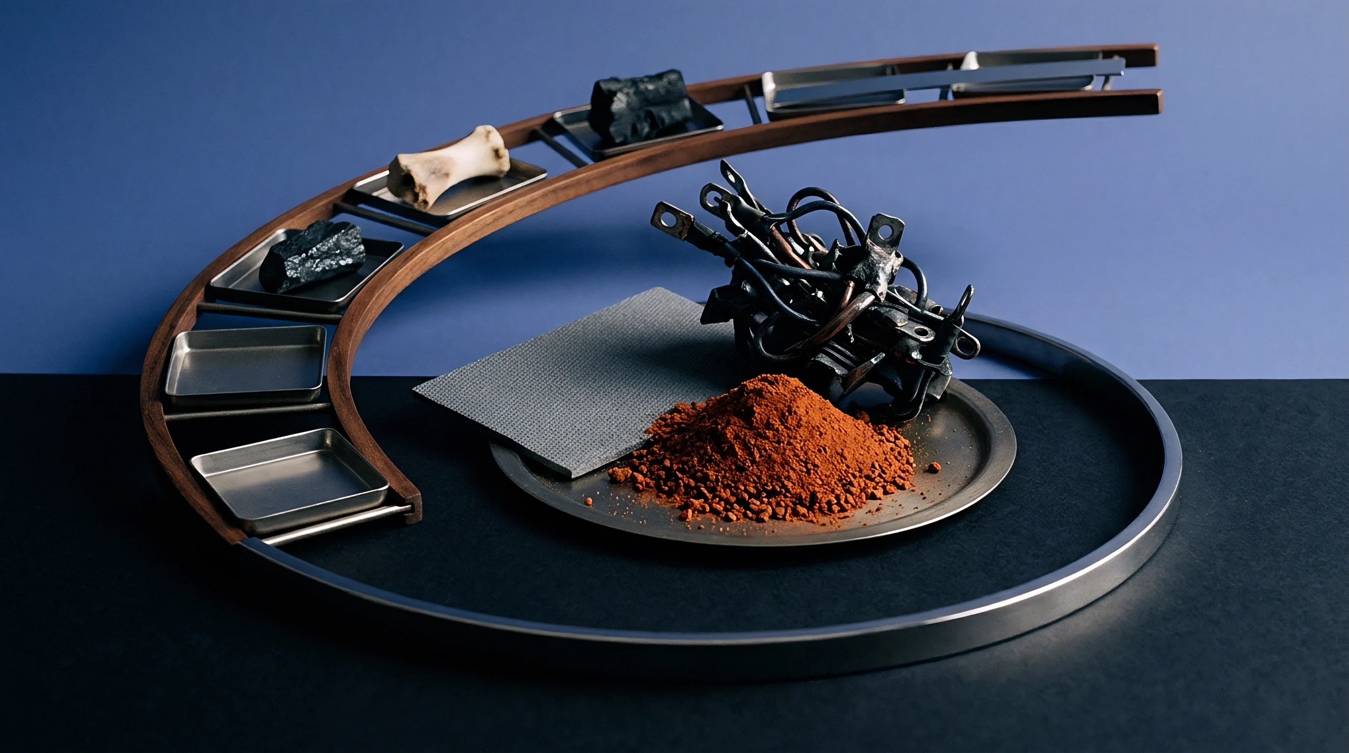 Assorted mineral samples raw ores refined metal scrap and reddish powder sit along a spiral display structure against a contrasting background.